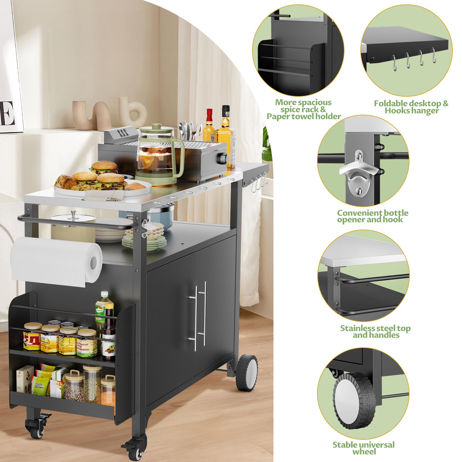 **Portable Outdoor Grill Cart with Storage - Waterproof BBQ Serving Table with Hooks & Spice Rack - Ideal for Backyard Parties, Home Gatherings & Patio Cooking**