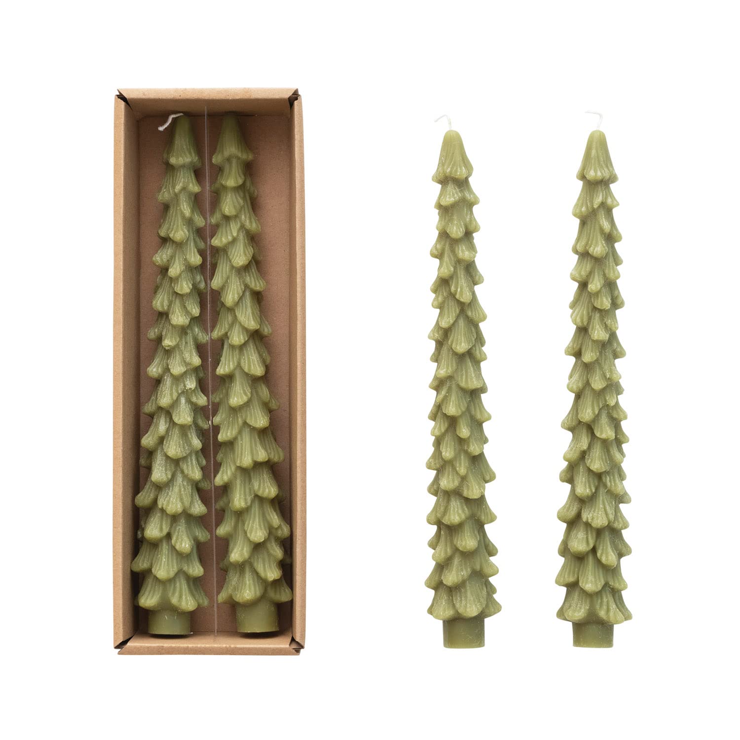 Unscented Tree Shaped Taper Candles - Cedar Green Boxed Set of 2 | Creative Co-Op | Perfect for Christmas Decor, Holiday Centerpieces & Winter Table Settings