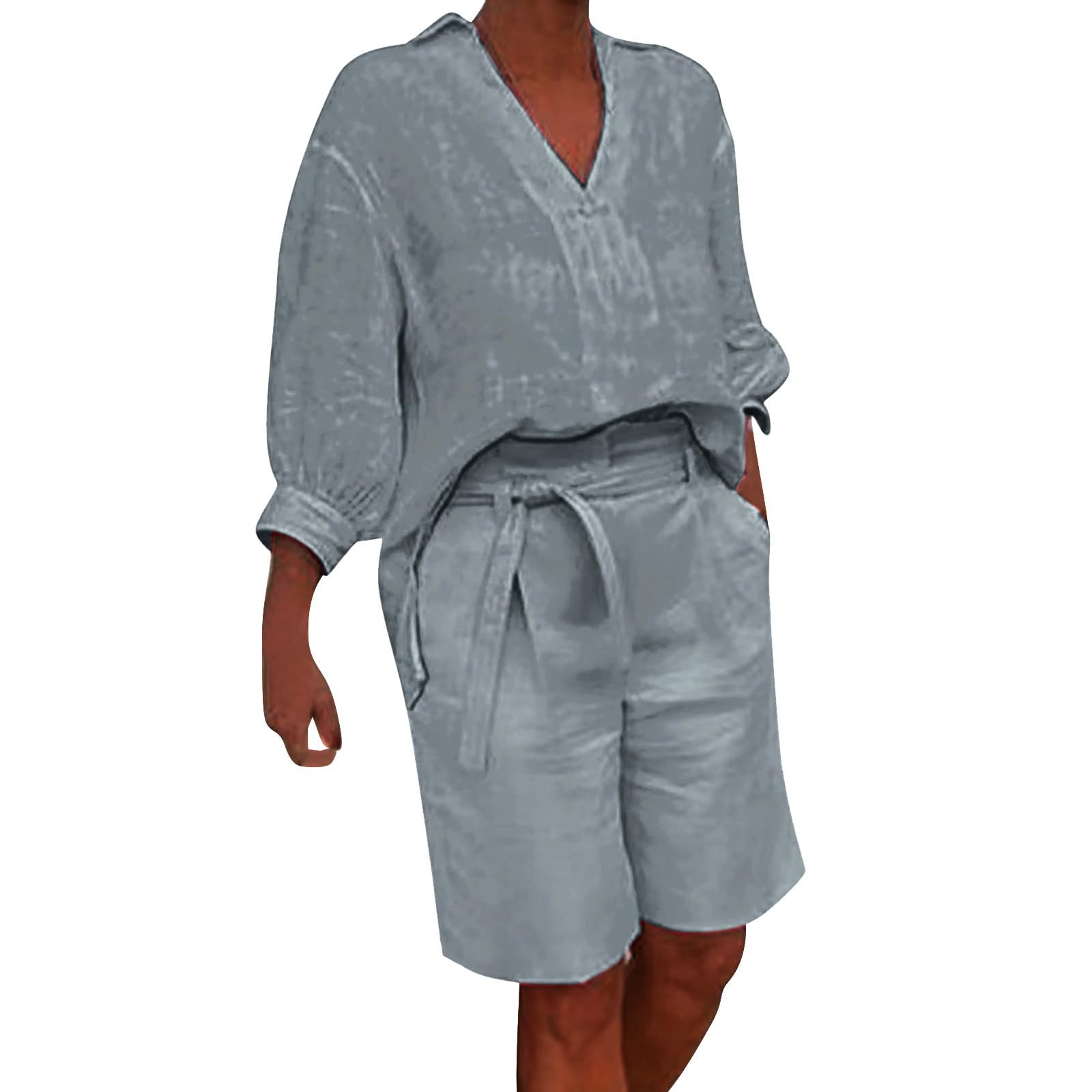 Women's 2-Piece Outfit Set - Loose Fit Cotton Linen Button Down Shirt & High Waist Pants Lounge Wear | Casual Summer Matching Sets for Home, Travel & Street Style