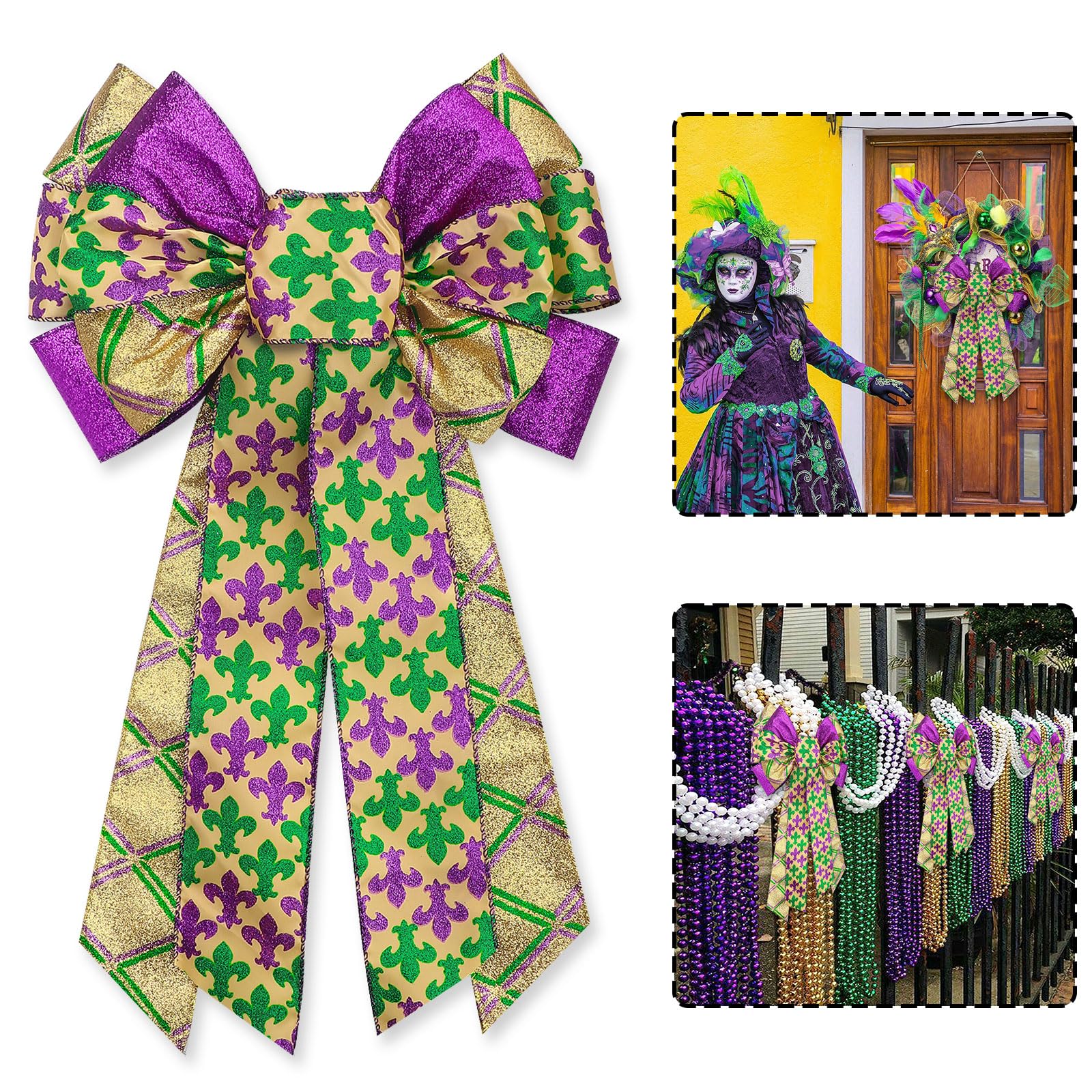 Large Mardi Gras Bow for Wreath - Bold Glitter Decorative Bow for Carnival Decorations, Fat Tuesday Ornaments, New Orleans Holiday Wreath Accessories - Perfect for Front Door Decor, Tree Toppers, and Party Celebrations (Style D)