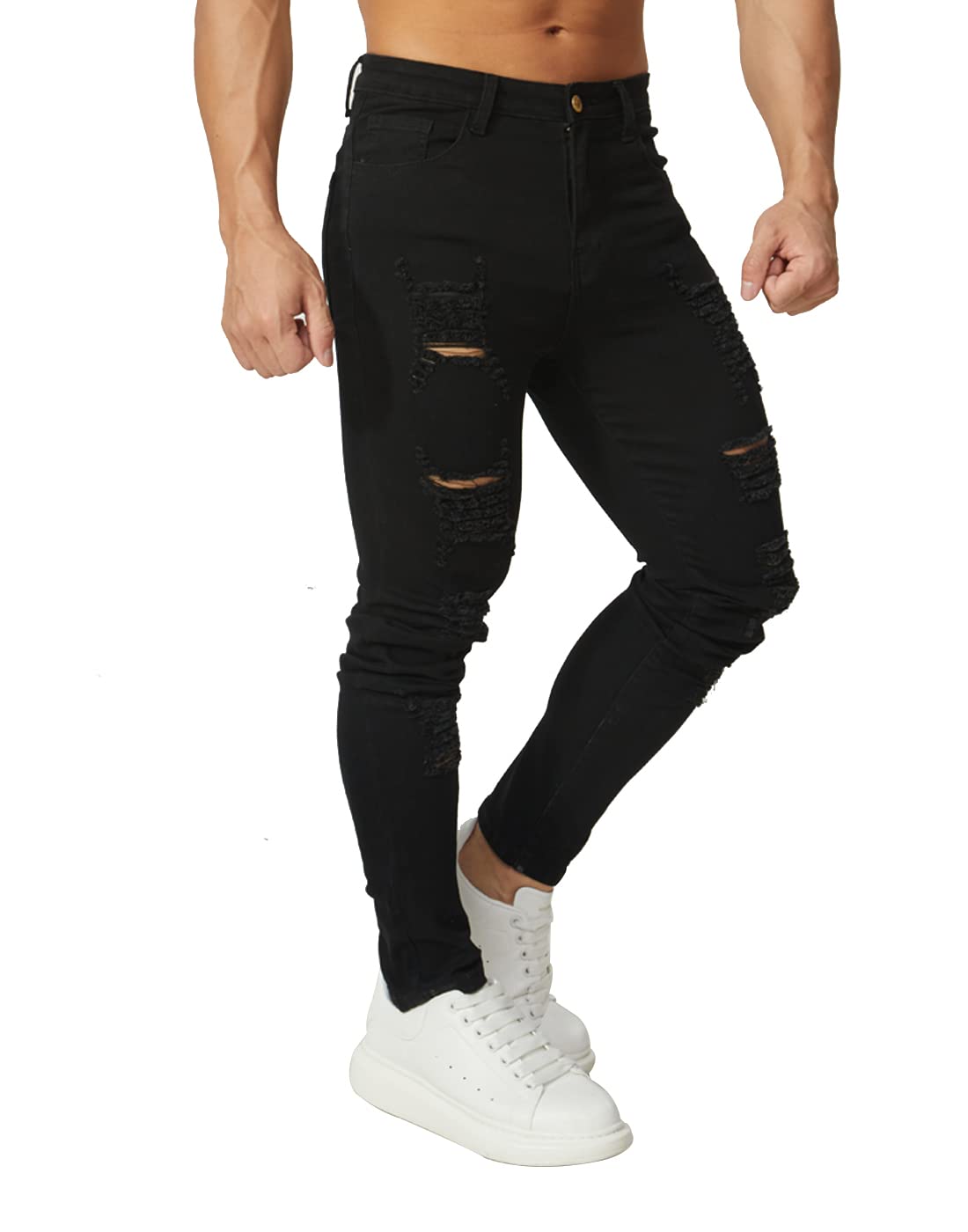 HUNGSON Men's Ripped Skinny Jeans - Stretch Slim Fit Denim Pants for Men | Trendy Distressed Jeans for Casual Wear, Night Out & Street Style Fashion
