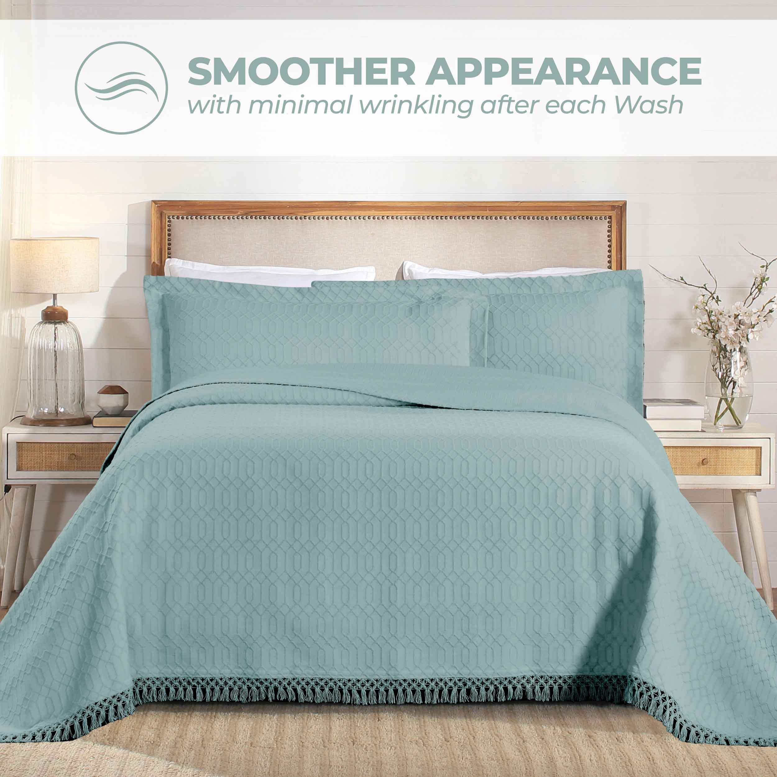 Remi Cotton Blend Jacquard Woven Geometric Fringe Bedspread Set - Queen Size Bohemian Style Bed Cover for Master Bedroom & Guest Room Decor