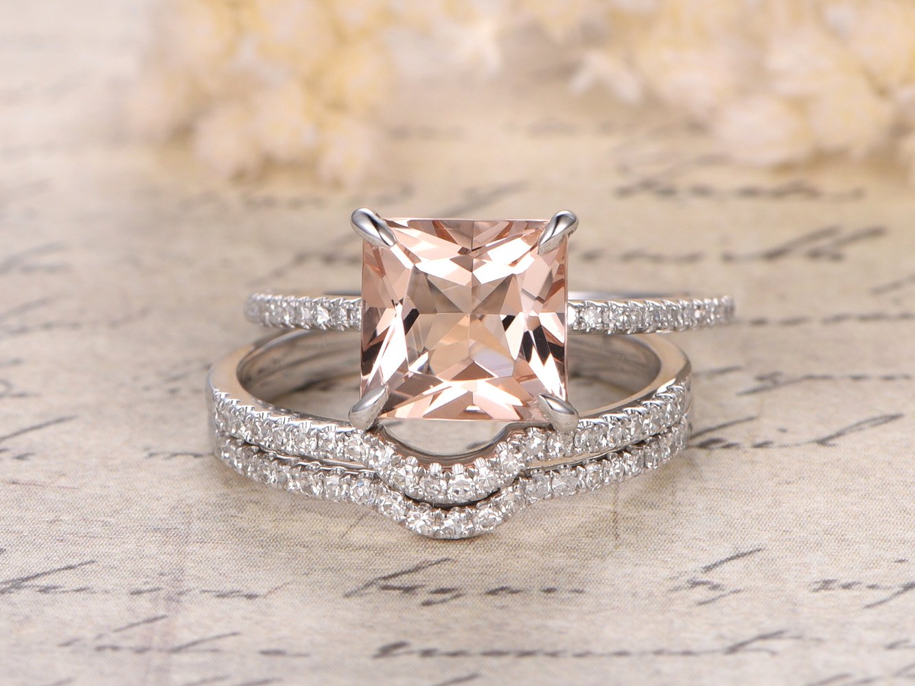 8mm Morganite Engagement Ring Set with Diamond Band in 14K White Gold for Weddings