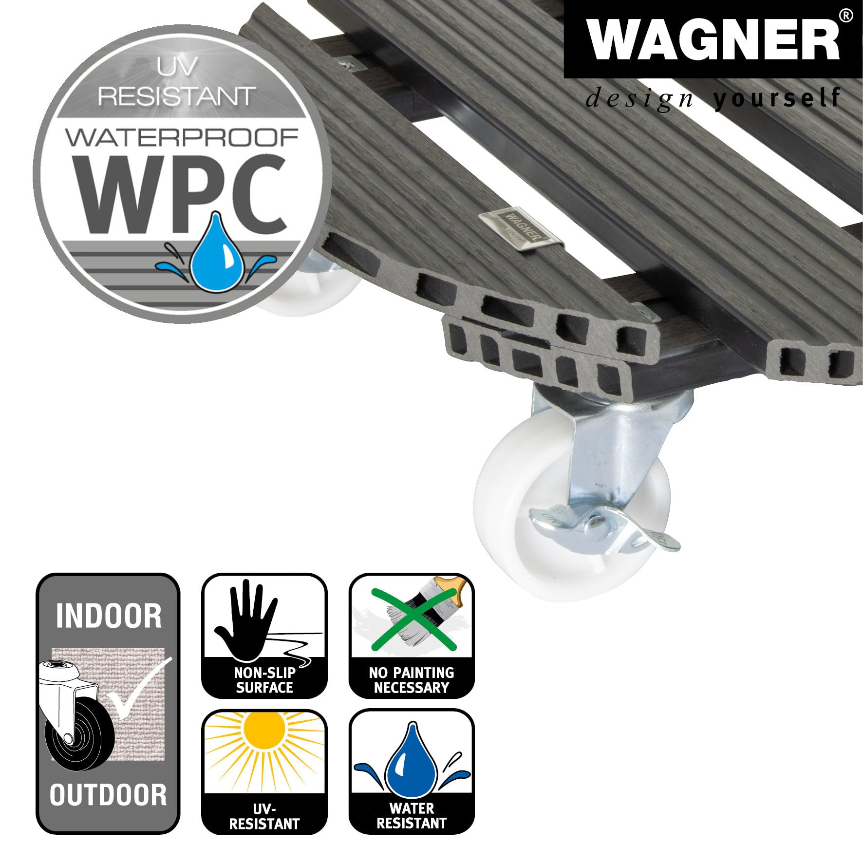Wagner Plant Caddy WPC - 19.69 Inch Round Flower Pot Stand for Indoor & Outdoor Use - FSC® Certified Wood Plastic Composite (Charcoal) - 265 lbs Capacity with 2 Brakes - Perfect for Patio, Garden, and Home Decor (Model 64-0565)