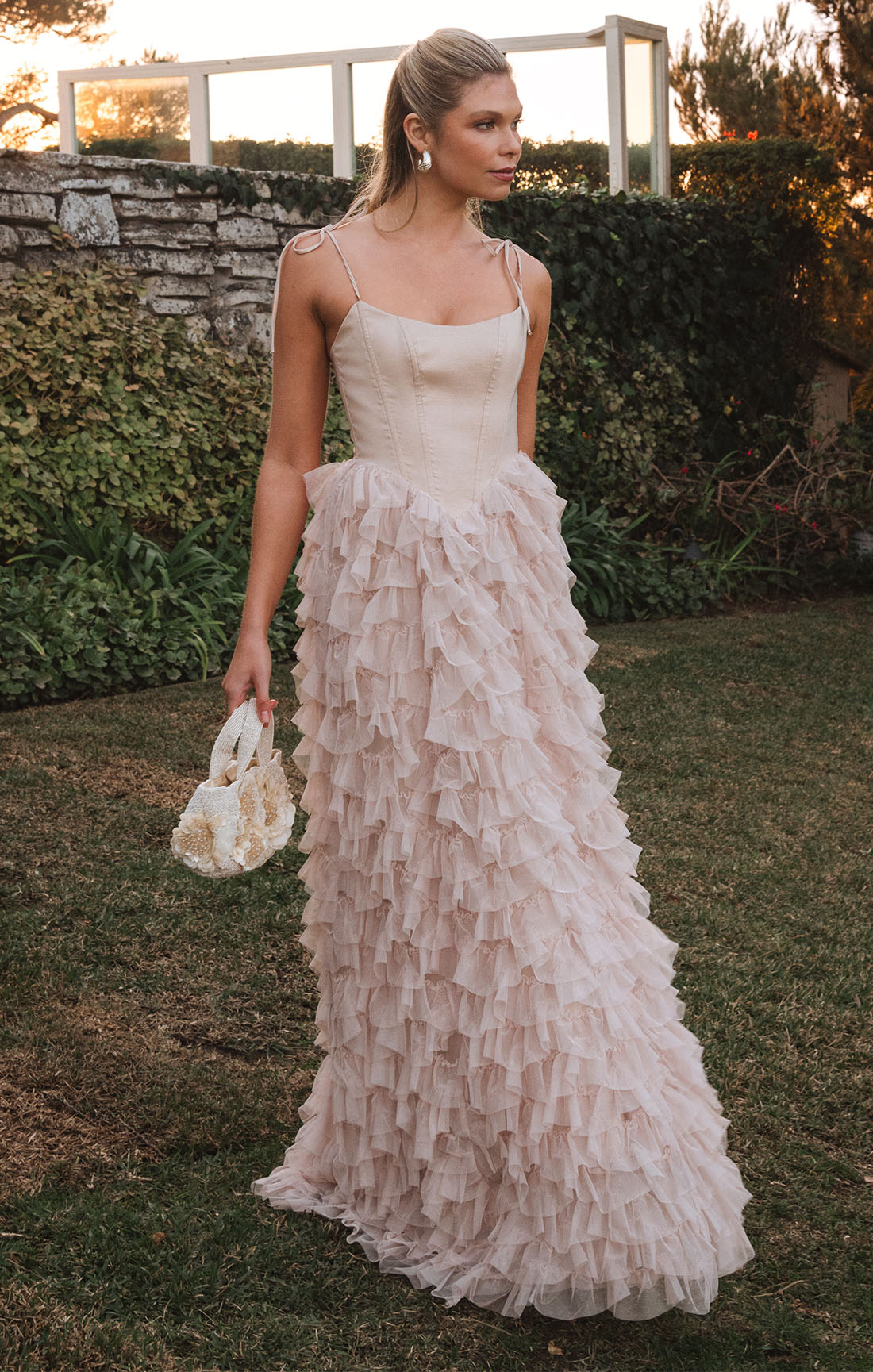 Francesca Maxi Dress - Elegant Champagne Tulle Ruffle Gown for Women | Perfect for Weddings, Parties & Special Occasions