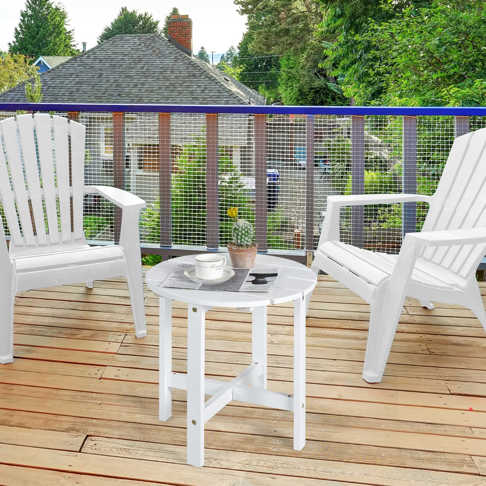 Giantex 18'' Round Outdoor Side Table - White Wooden Bistro Coffee Table with Stable Cruciform Base | Perfect for Garden, Patio, Balcony, Backyard & Living Room | Durable Small End Table for Coffee, Drinks & Outdoor Relaxation