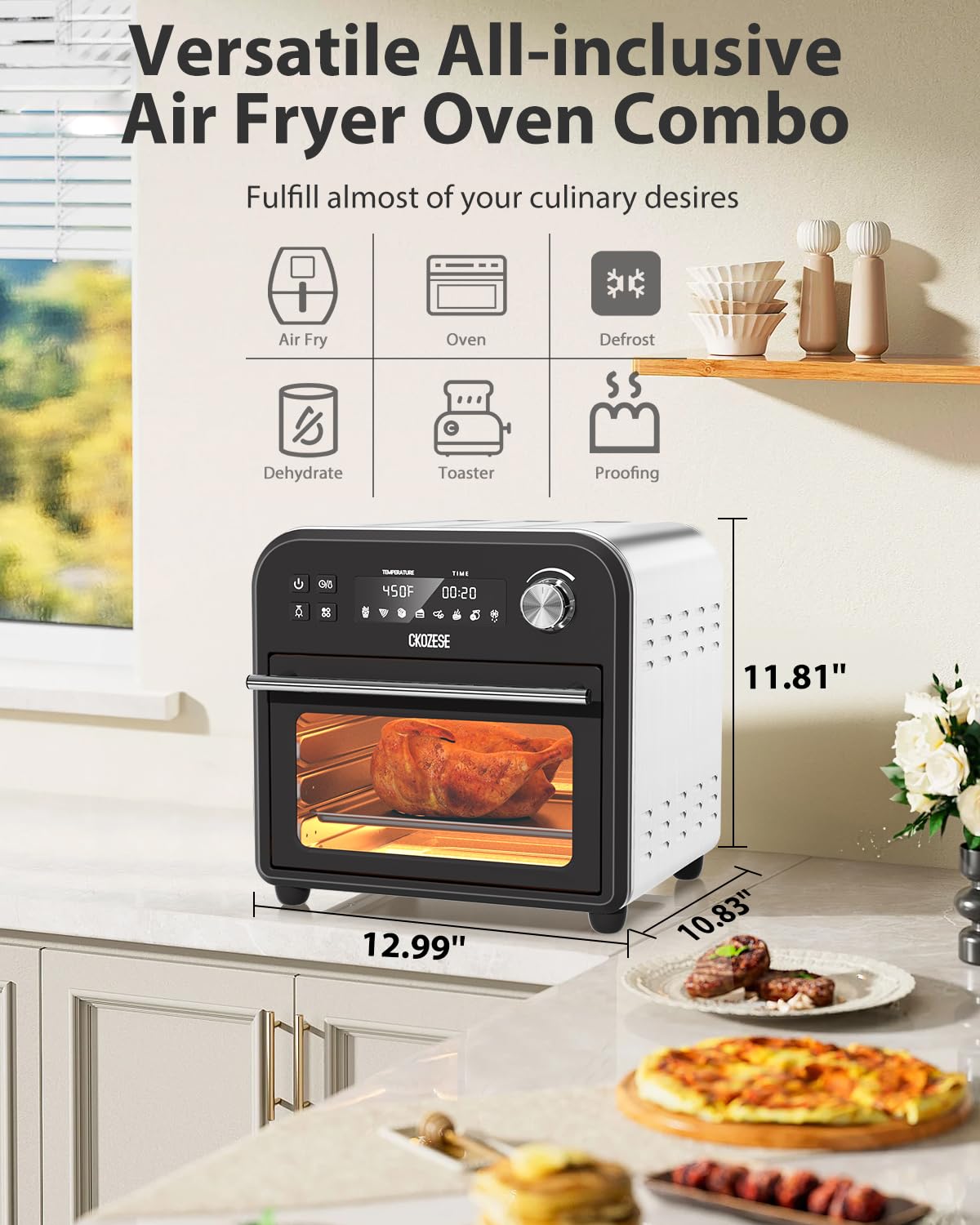 14QT Air Fryer Toaster Oven - 8-in-1 Smart Countertop Convection Oven with Grill, Roast, Bake, Broil & Dehydrate Functions | Stainless Steel Oil-Free Cooking | Includes 45 Recipes & Accessories | Perfect for Healthy Meals, Family Dinners & Party Snacks