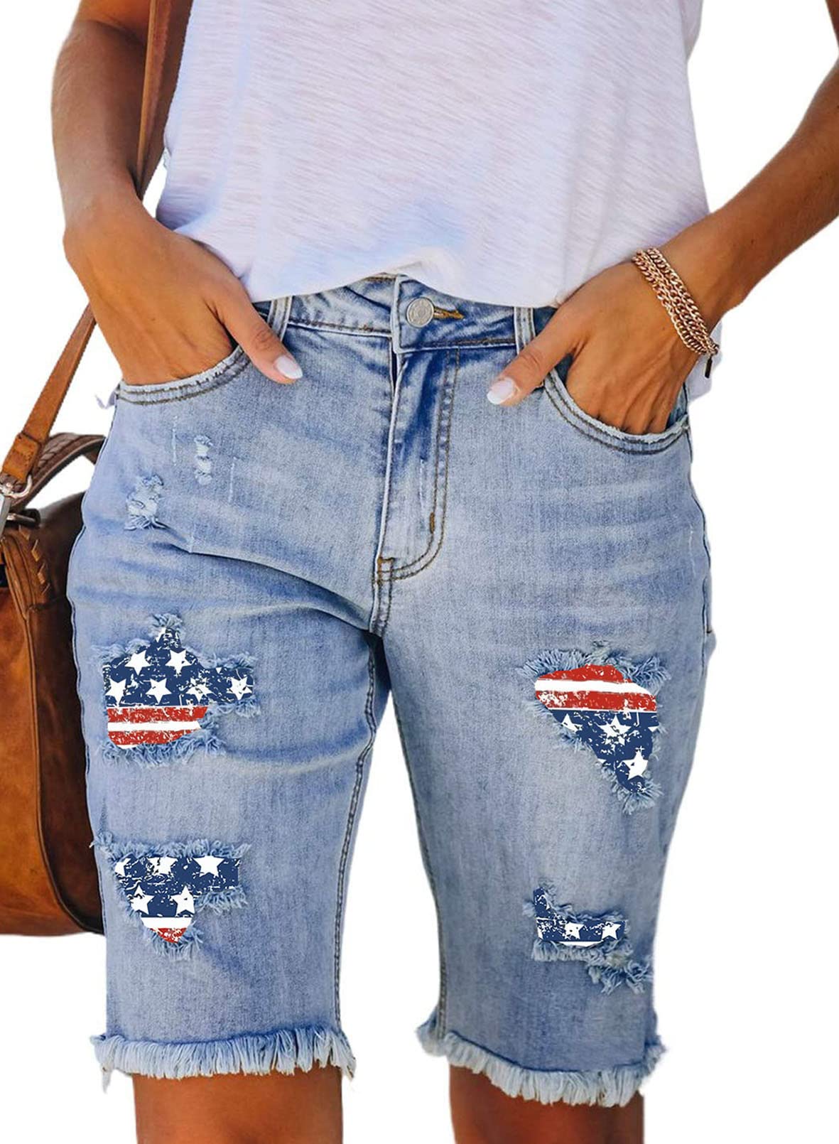 Sidefeel Women's Distressed Denim Bermuda Shorts with Raw Hem - Casual Summer Shorts for Beach, Travel & Everyday Wear