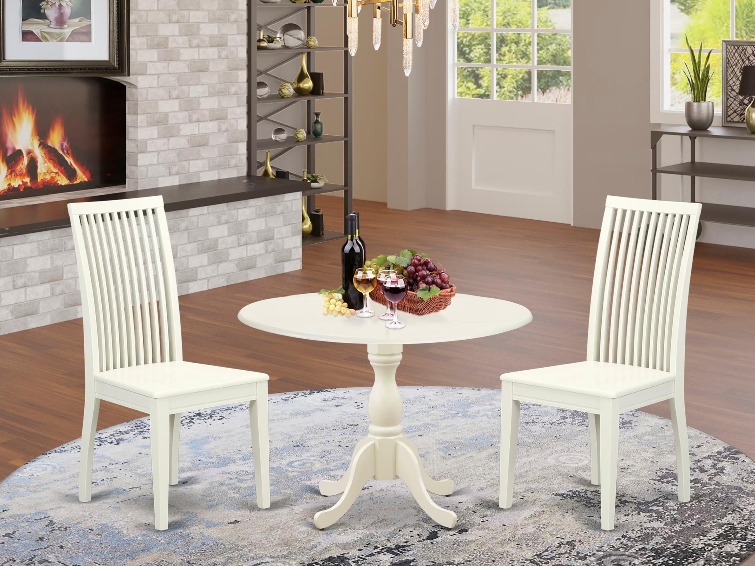 East West Furniture DMIP3-LWH-W 3-Piece Round Kitchen Table & Chairs Set with Drop Leaf - 42x42 Inch, Linen White - Perfect for Small Dining Rooms, Breakfast Nooks & Cozy Apartments
