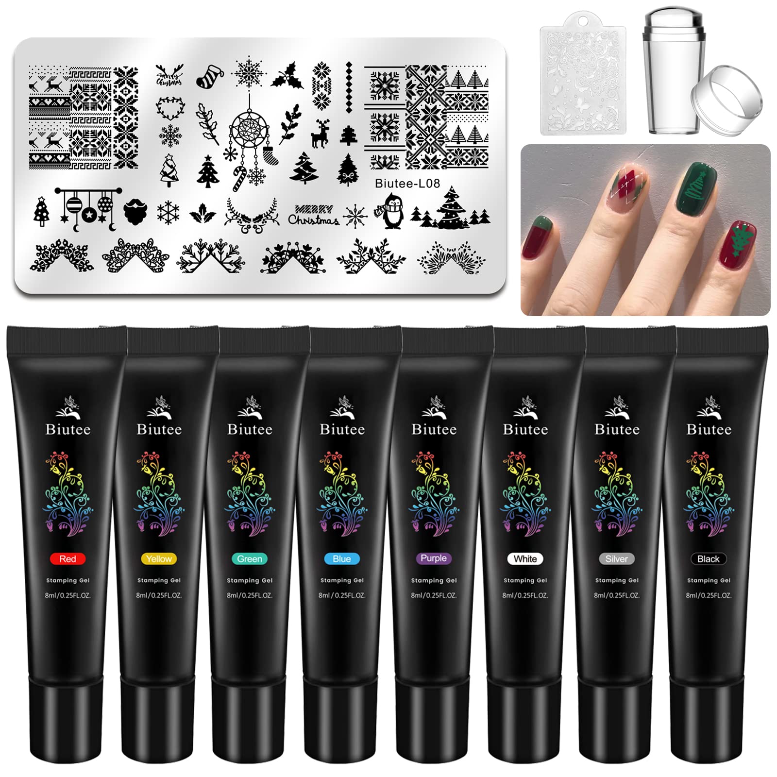 Biutee 8-Piece Nail Stamping Plates Set with 10 Nail Art Templates & Stamper - Rose Flower Animal Designs for Valentine's Day - Perfect for DIY Gel Polish Manicures at Home or Salon