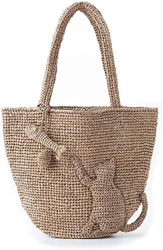 Handmade Raffia Straw Crochet Bag with Kitty and Fish Motif - Cute Summer Beach Tote for Women, Girls - Perfect for Vacation, Shopping, Picnics & Outdoor Activities