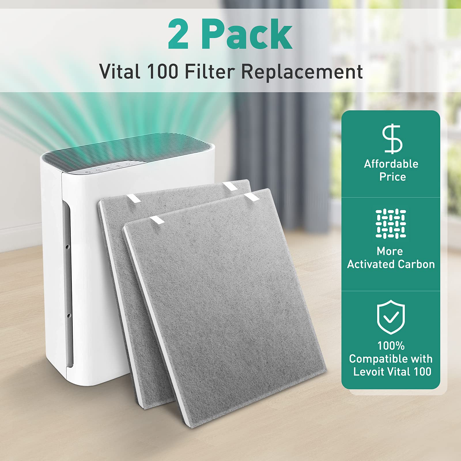 2 Pack Vital 100 Air Purifier Replacement Filters - True H13 HEPA 3-in-1 High Efficiency Filtration - Compatible with LEVOIT Vital 100 - Perfect for Home, Office & Bedroom Air Purification