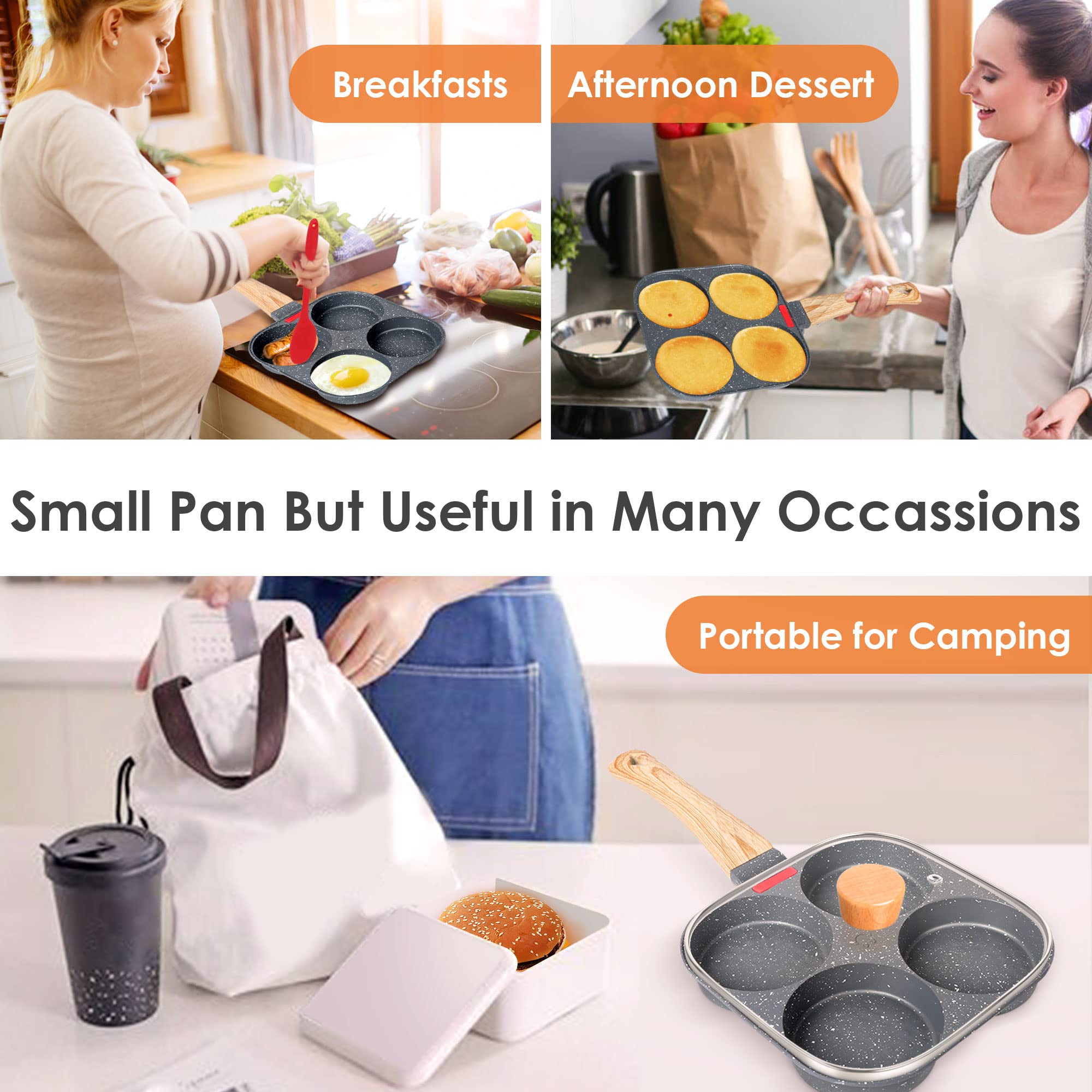 Nonstick 4-Cavity Pancake Pan with Lid - Aluminum Egg Frying Pan for Omelette, Hamburger & Breakfast - Includes Spatula, Brush & Clip - Perfect for Gas/Induction Stoves, Camping & Family Cooking