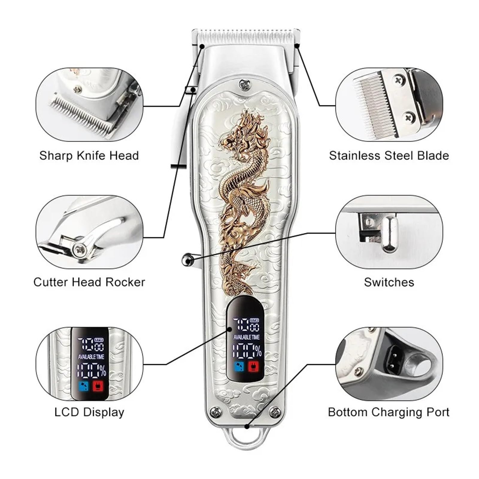 Professional Cordless Hair Clipper for Men - LCD Display Electric Trimmer with USB Charging, White Gold - Perfect for Home Haircuts, Barbershop Use & Travel Grooming