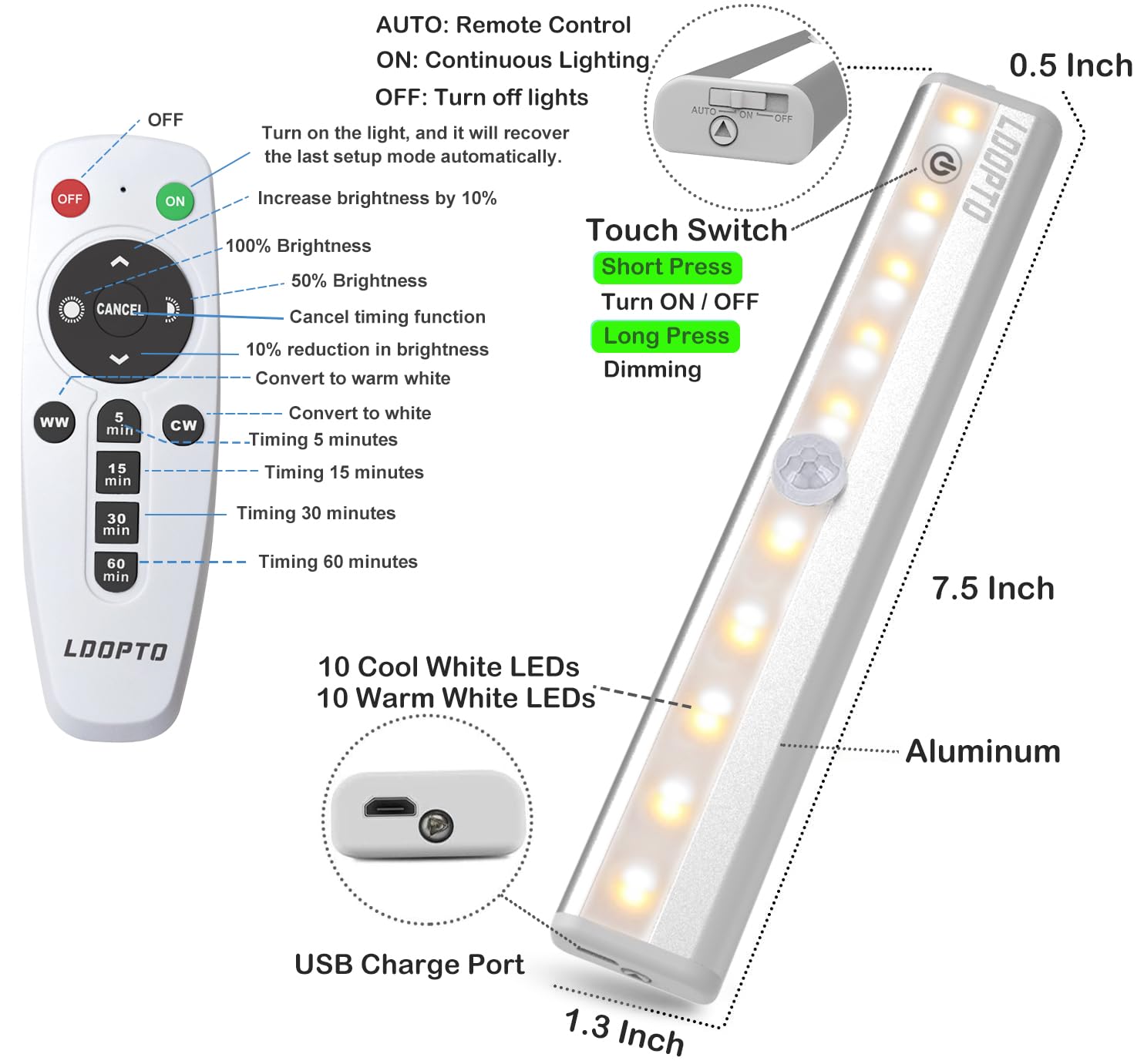 6 Pack Wireless Remote Control Under Cabinet Lights - 20-LED Dimmable Rechargeable Closet & Counter Lights, Stick-On Touch Night Light Strip Bar for Kitchen, Stairway, Bedroom (3 Color Options) - Perfect for Nighttime Safety & Ambient Lighting