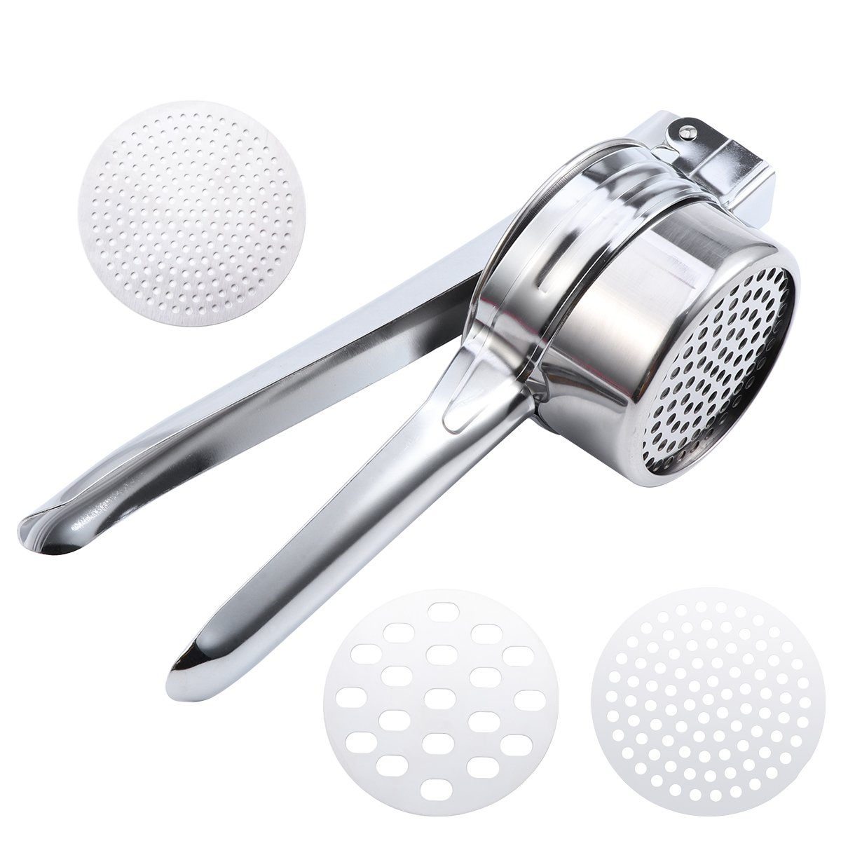 OUNONA Stainless Steel Potato Ricer & Masher - 3 Interchangeable Disks for Perfect Mashed Potatoes, Baby Food & Fruit Puree | Heavy Duty Food Press & Strainer for Kitchen & Restaurant Use