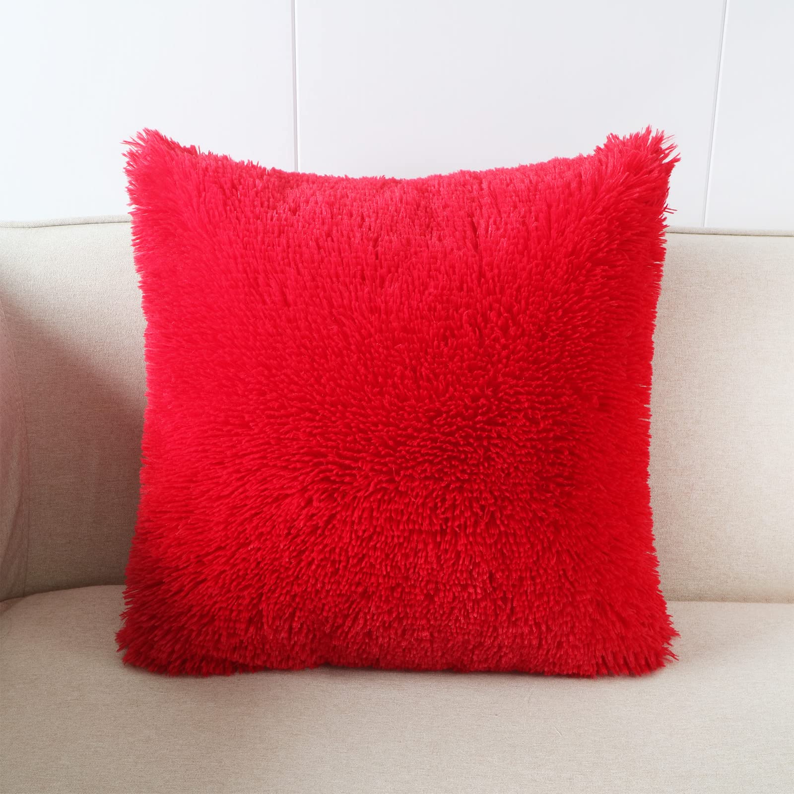 DECOBIRD 18x18 Inch Extra Soft Faux Fur Pillow Cover - Double Sided Fluffy Shaggy Throw Pillow Case - Cozy Plush Microfiber Fleece Cushion Cover (Bright Red, 1 Piece) - Perfect for Sofa, Bed, Couch & Home Decor