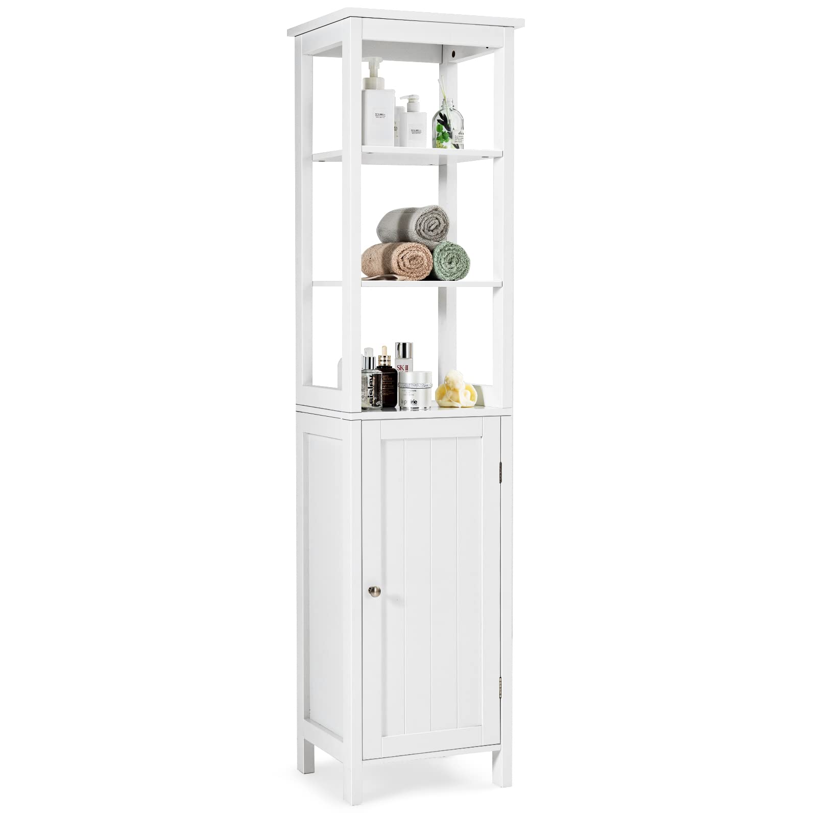 **Tangkula Tall Bathroom Storage Cabinet - 3-Tier Adjustable Shelves, Slim Linen Tower with Open Shelves & Cupboard Door - Narrow Floor Cabinet for Bathroom, Living Room, Kitchen - Perfect for Organizing Towels, Toiletries & Home Essentials**