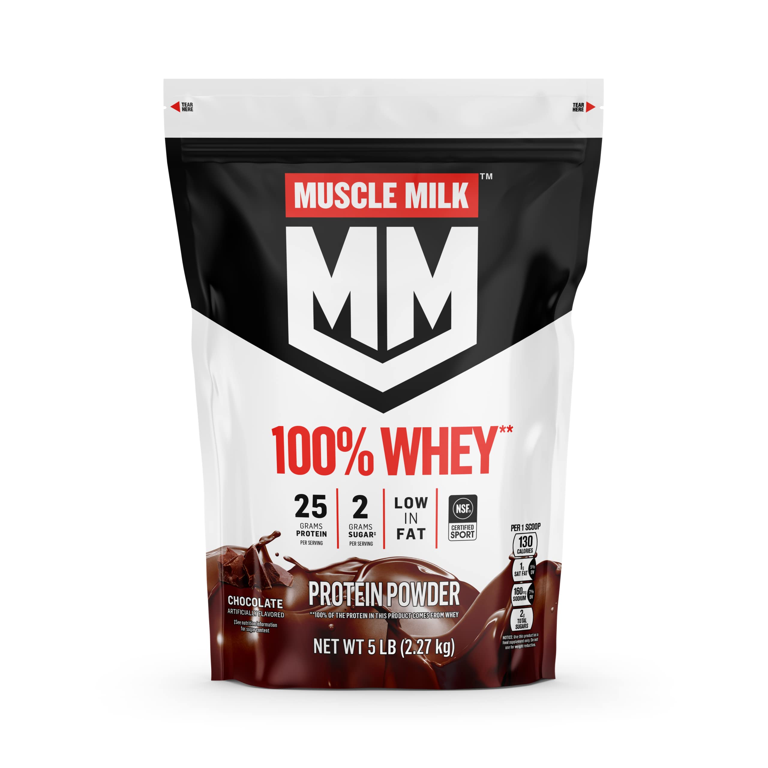 Muscle Milk 100% Whey Protein Powder - Chocolate Flavor, 5lb (66 Servings) | 25g Protein, 2g Sugar, Low Fat | NSF Certified for Sport | Post-Workout Recovery & Energy Boost | Great for Gym, Bodybuilding & Healthy Lifestyle | Packaging May Vary
