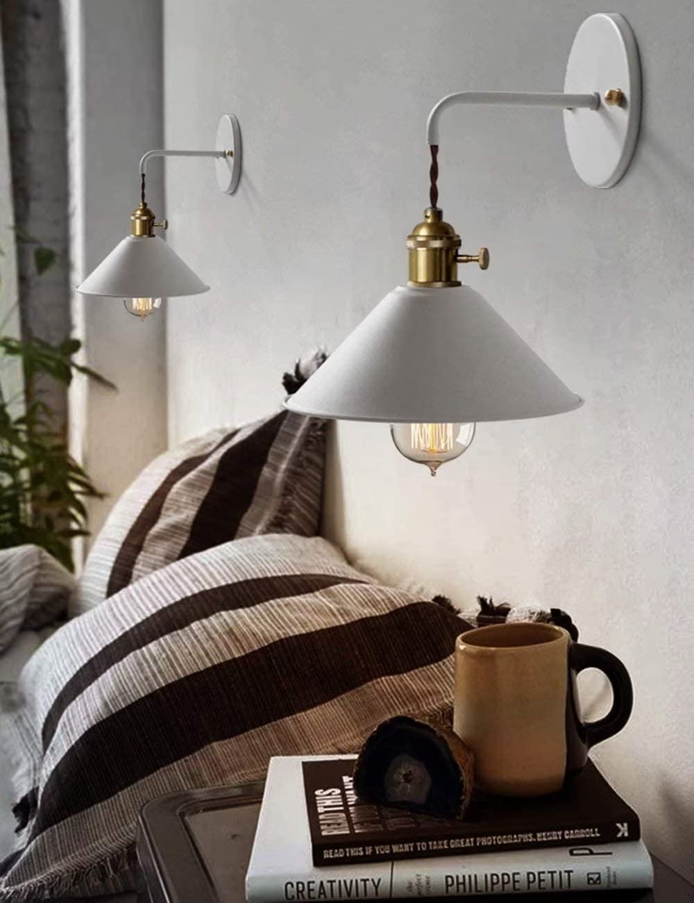 White Plug-in Wall Sconces Set of 2 - Modern Bedroom Wall Lights with E26 Edison Brass Lamp Holder & Frosted Glass Shade - Plug-in Cord Included - Perfect for Bedroom, Living Room, or Hallway Lighting