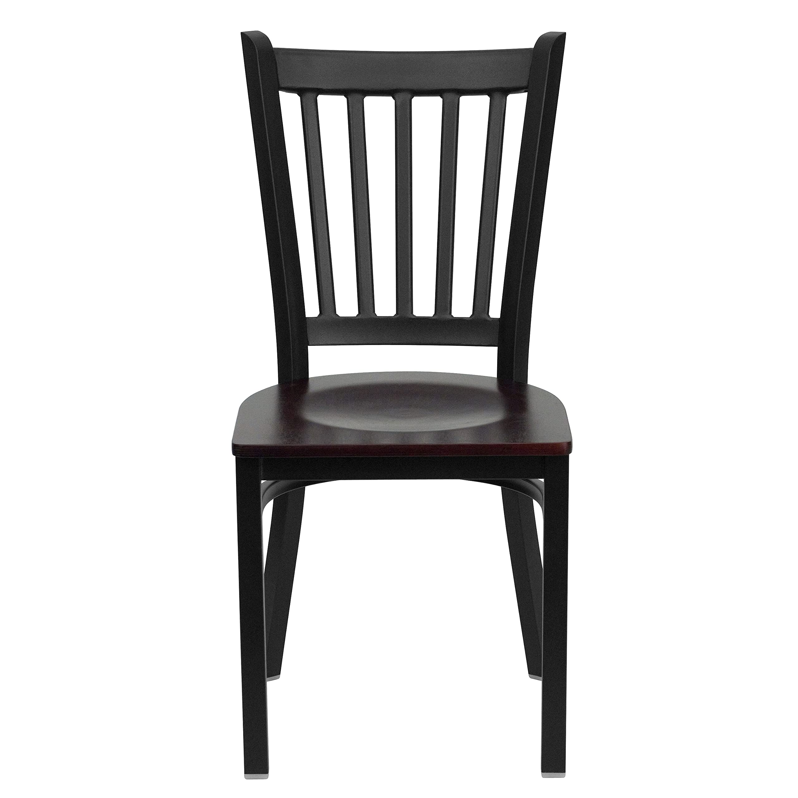 2 Pack Black Vertical Back Metal Restaurant Chairs with Mahogany Wood Seat - Durable & Stylish Dining Chairs for Restaurants, Cafes, and Home Kitchens