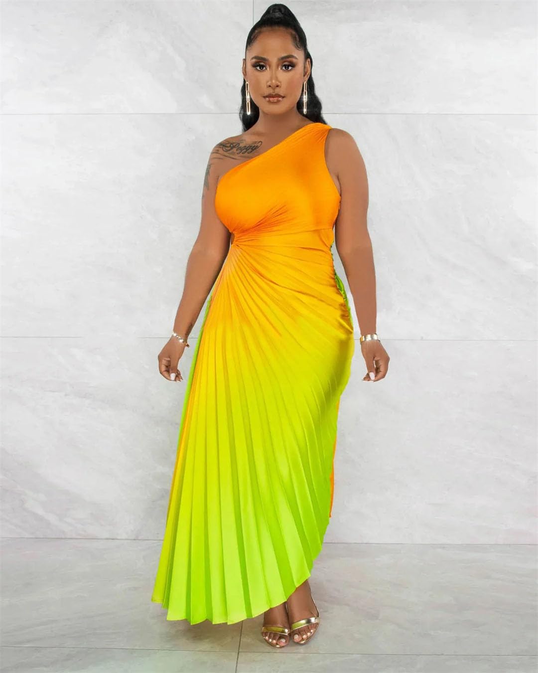 Elegant Women's Gradient Printed Pleated One Shoulder Maxi Dress with Roll Waist & Irregular Hem - Perfect for Parties, Weddings & Summer Vacations