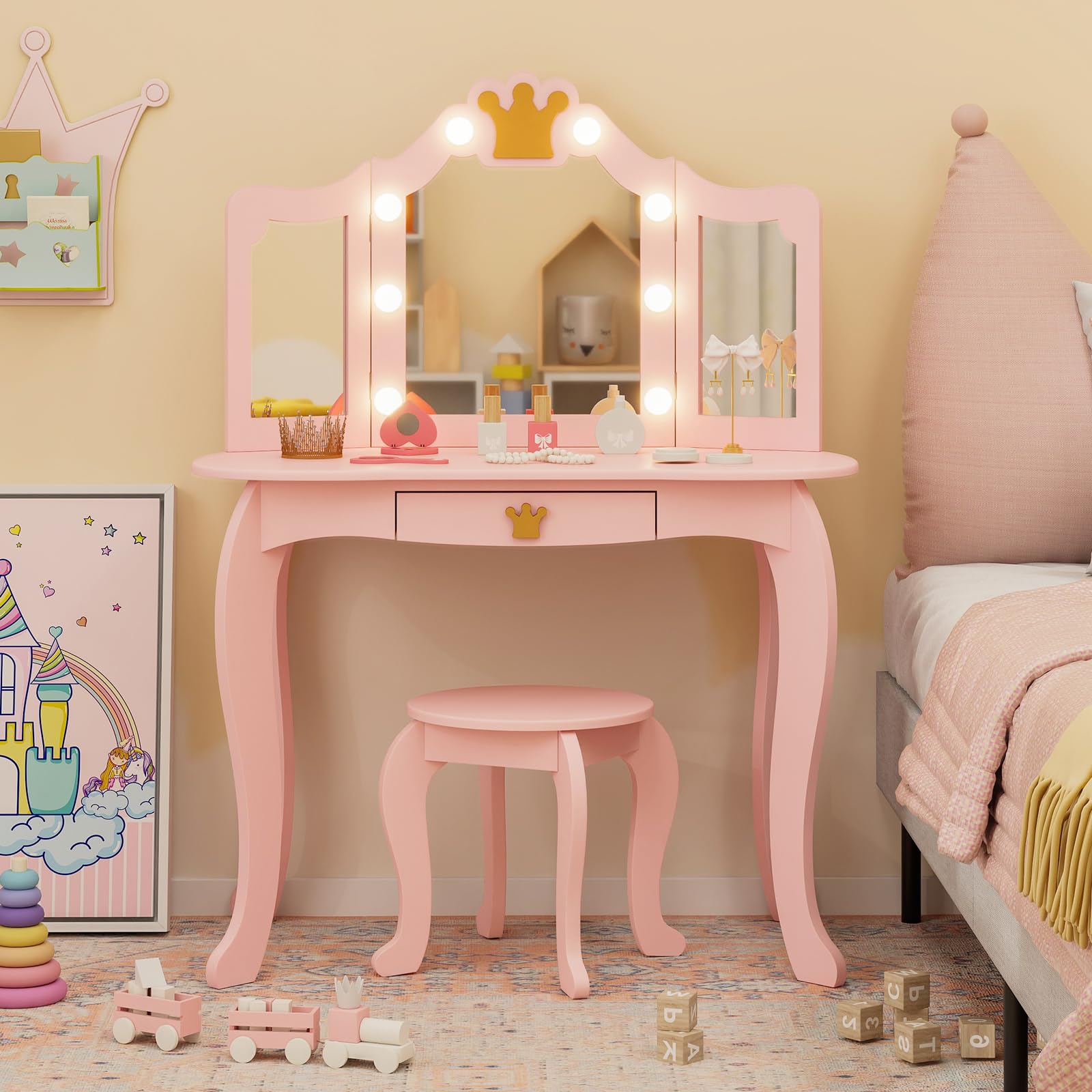 Costzon Kids Vanity Set with LED Lights & Stool - Pink Princess Makeup Dressing Table with Mirror, Drawers & Chair for Girls - Toddler Pretend Play, Birthday Gift & Bedroom Decor (Pink)