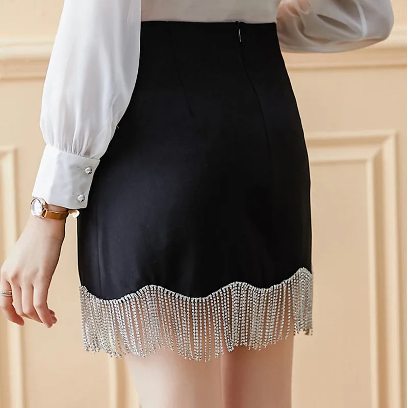 Black Patchwork Chain Casual High Waisted A-Line Mini Skirt for Women | Korean Fashion Summer Skirt | Perfect for Streetwear, Dating, and Party Outfits