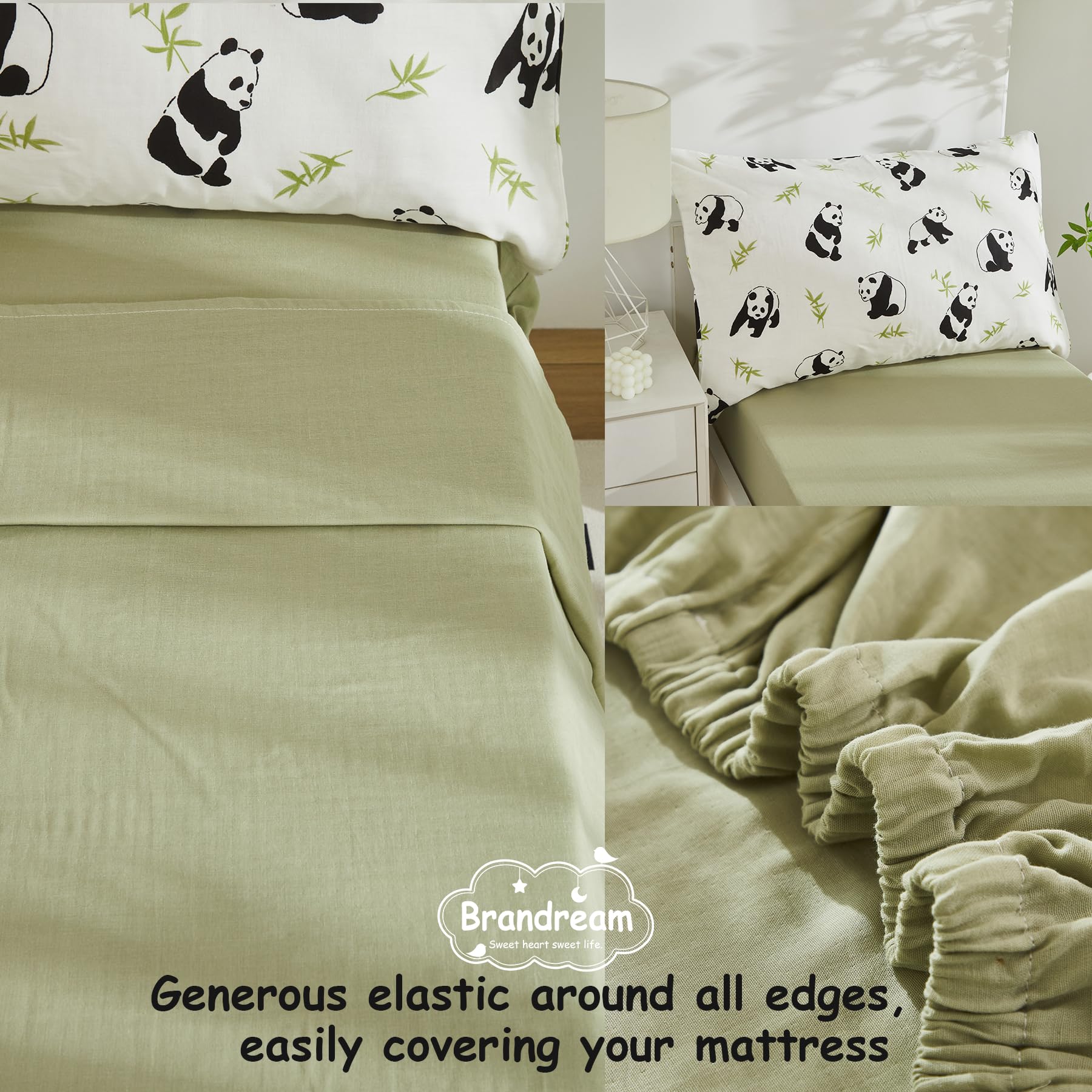 Brandream Panda Print Toddler Bedding Set - 4Pcs Neutral Nursery Bedding for Boys & Girls (Comforter, Flat Sheet, Fitted Sheet & Pillowcase) - Soft White & Green Crib Set for Cozy Sleep & Playtime