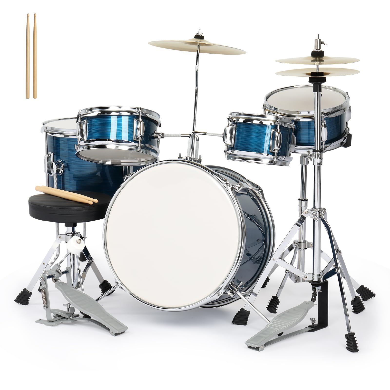 **Ktaxon 5-Piece Complete Junior Drum Set for Kids – 14 Inch Beginner Drum Kit with Throne Stool, Pedal, Drumsticks & Cymbals (Hi-Hat, Floor, Tom, Snare) – Brushed Blue – Perfect for Home Practice, Music Lessons & Kids' Performances**