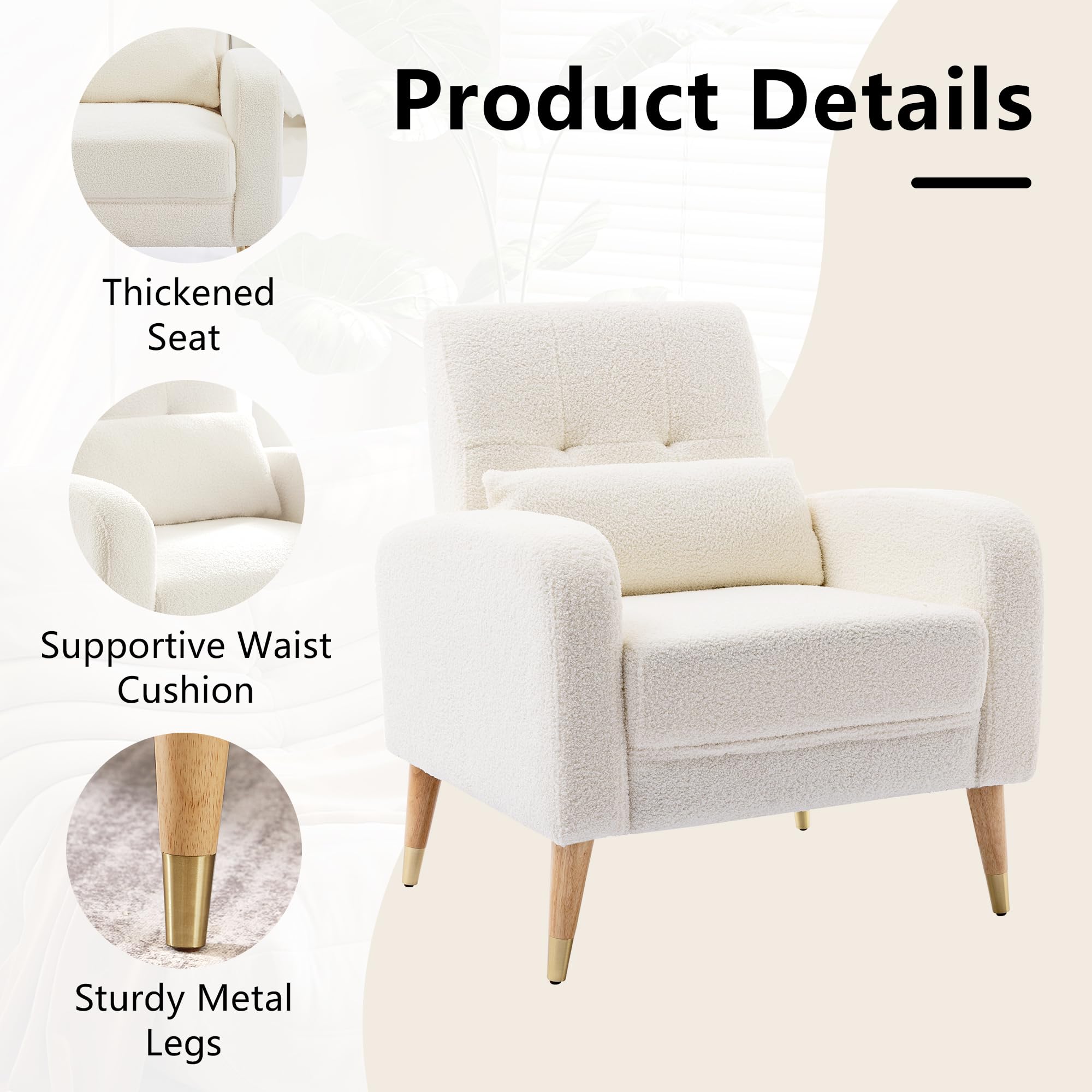 Mid-Century Modern Accent Chair - Upholstered Armchair with Sturdy Legs for Living Room & Bedroom - Comfy Single Sofa Chair in White - Perfect for Lounge, Reading Nook or Home Office Decor