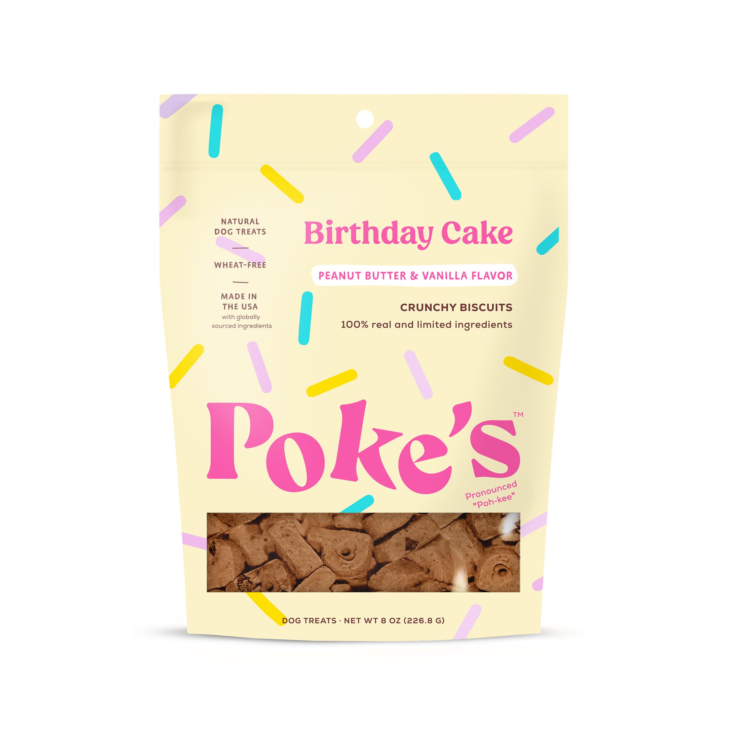 Poke's Birthday Cake Dog Treats - Crunchy Peanut Butter & Vanilla Biscuits, Limited Ingredient Natural Dog Snacks, Wheat-Free, Made in USA (8 oz) - Perfect for Birthday Celebrations & Training Rewards
