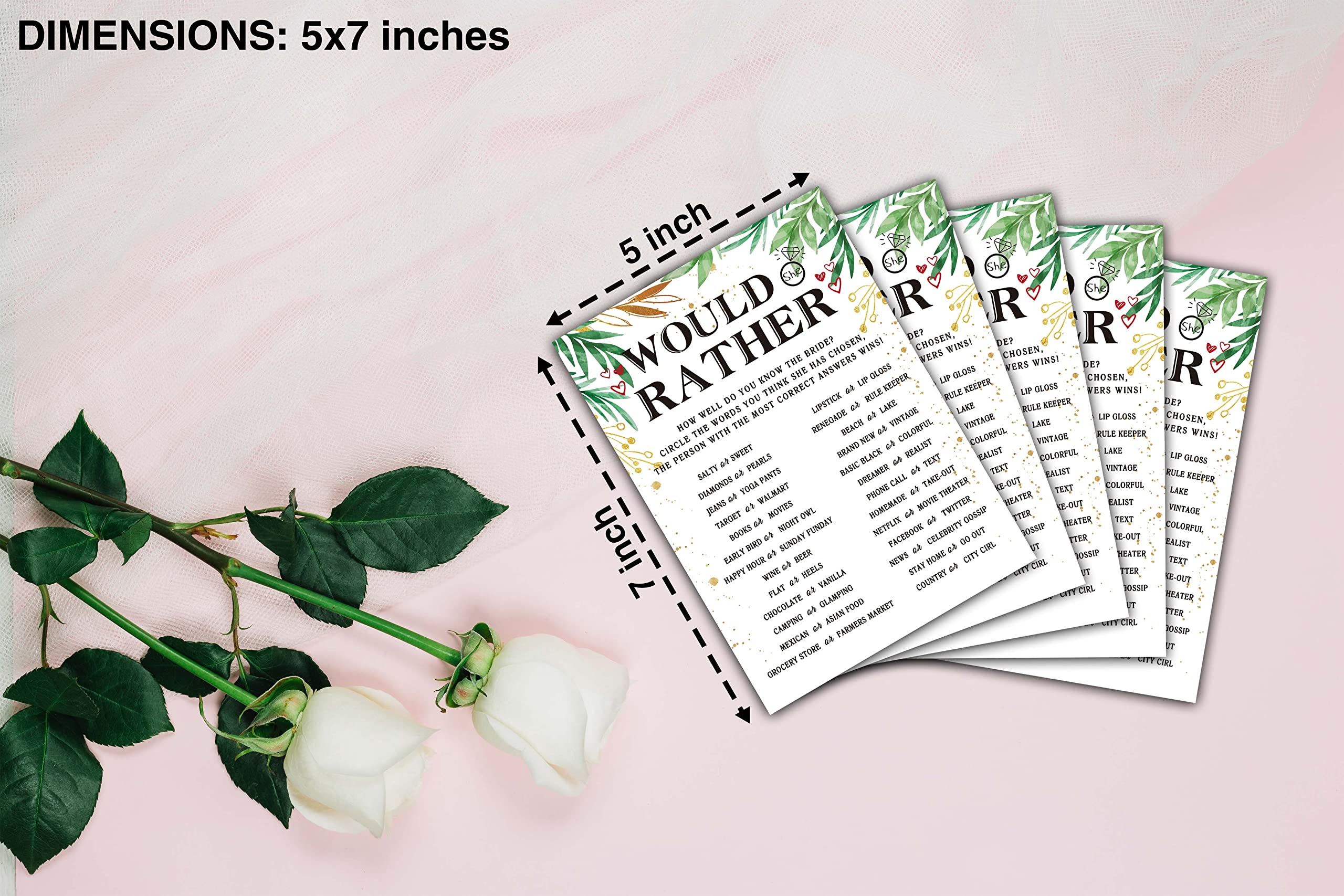 Would She Rather Wedding Party Game - 30 Pack Gold Foil Greenery Eucalyptus Bridal Shower Cards for Bachelorette & Engagement Parties - Fun Icebreaker Activities for Wedding Showers, Girls Night Out & Pre-Wedding Celebrations