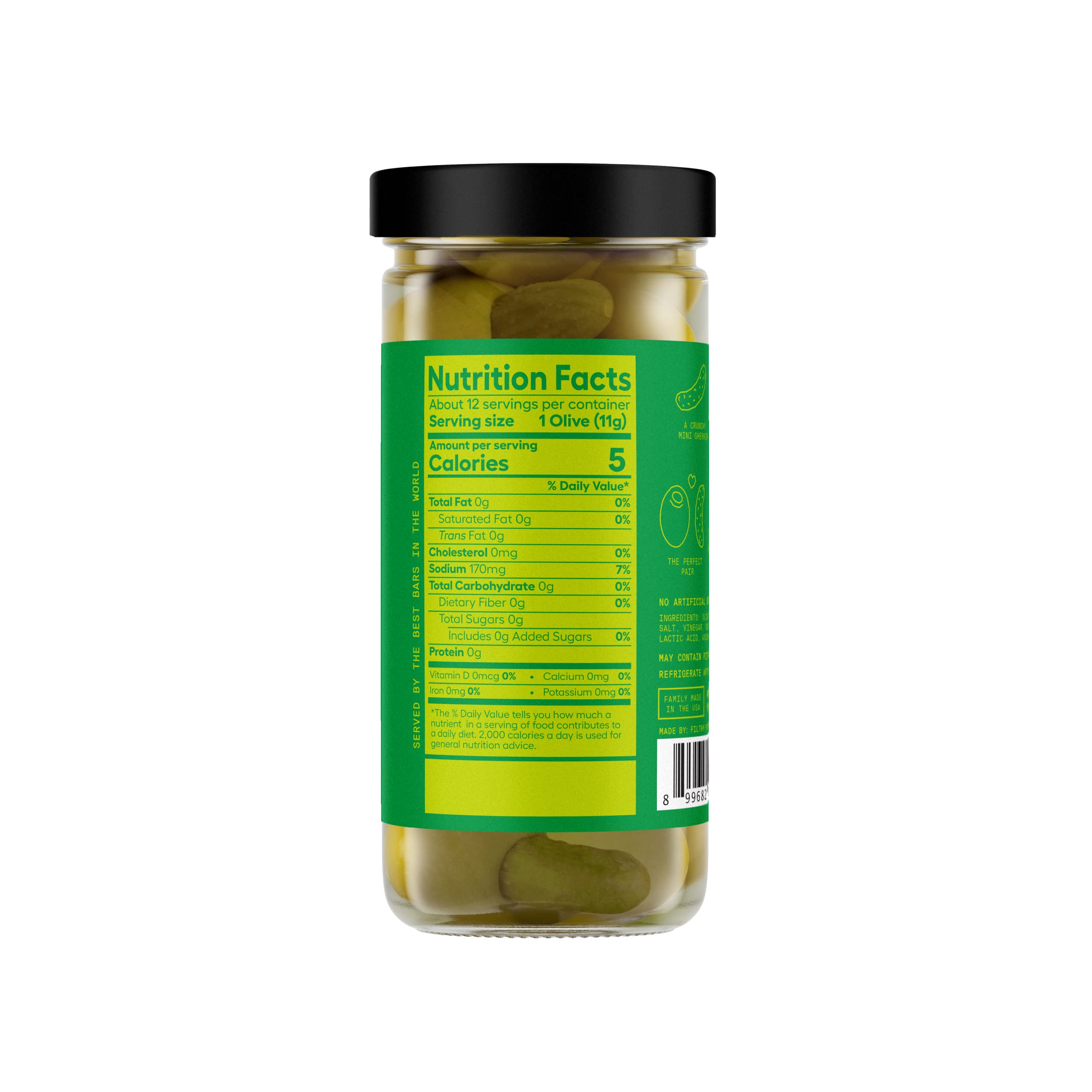 Filthy Cocktail Garnish - Pickle Stuffed Olives (8.5 Oz Jar, 12 Count) | Premium Bar Accessories for Martinis, Bloody Marys & Charcuterie Boards