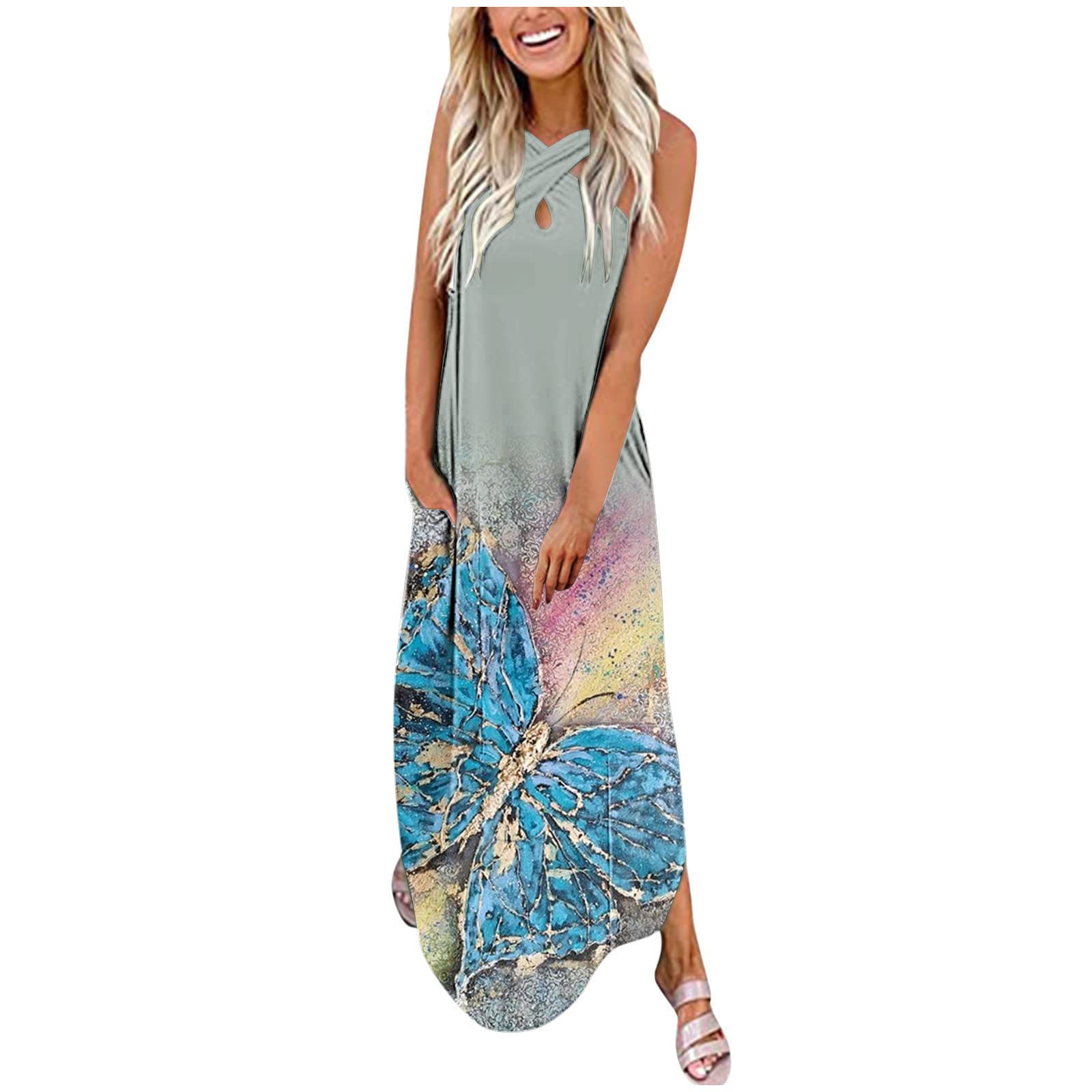 Ylioge Plus Size Wedding Guest Dress - Y2K Floral Maxi Dress with Pockets, Sleeveless Loose Butterfly Halter Long Dress for Casual Summer Events, Beach Vacations & Date Nights