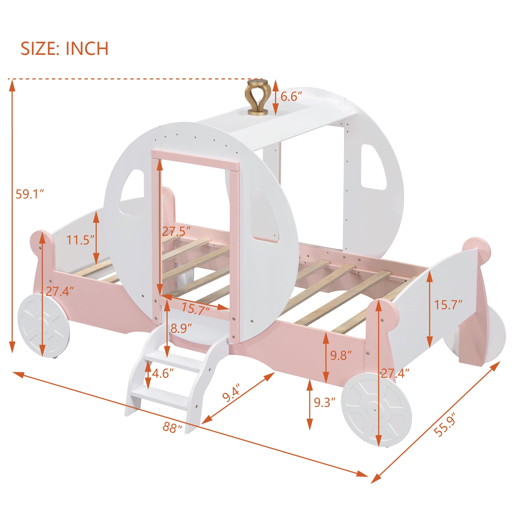 **Princess Carriage Bed for Girls - Twin Size Wooden Platform Bed with Crown & Stairs, White & Pink - Perfect for Kids' Bedroom, Fairy Tale Themed Room & Sleepover Fun**