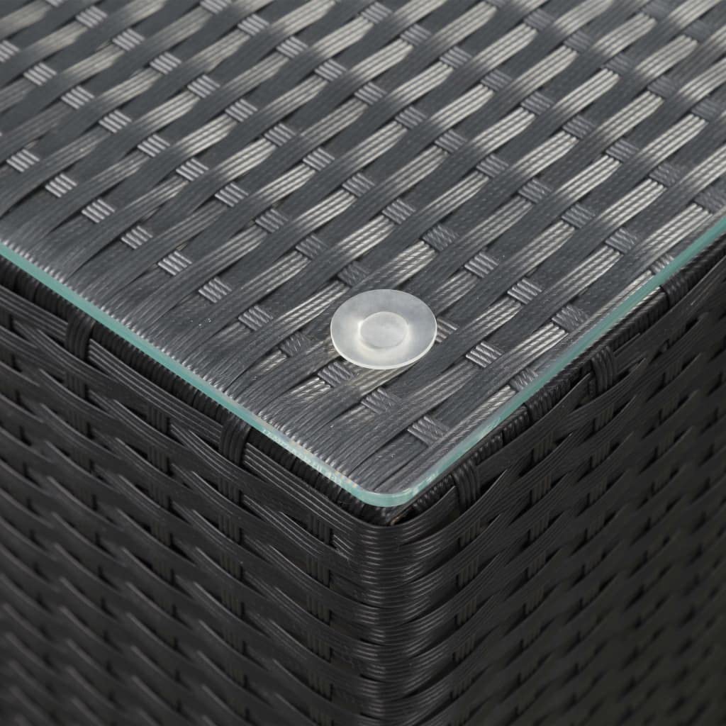 Modern Black Rattan Side Table with Tempered Glass Top - 13.8