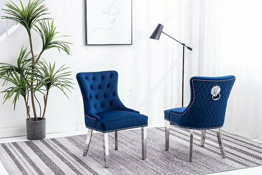 Luxury Blue Velvet Dining Chairs Set of 2 - Deep Tufted Upholstery with Elegant Lion Knocker Design for Formal Dining Room & Home Decor