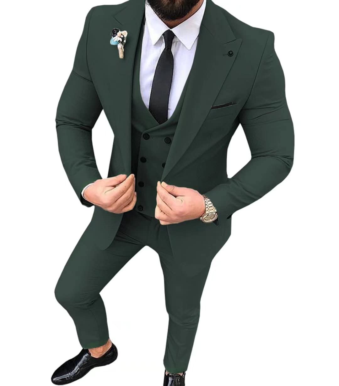 Slim Fit Men's 3 Piece Suits for Wedding & Business - Double Breasted One Button Blazer Vest Pants Set - Groomsmen & Formal Occasions - Office Wear & Special Events