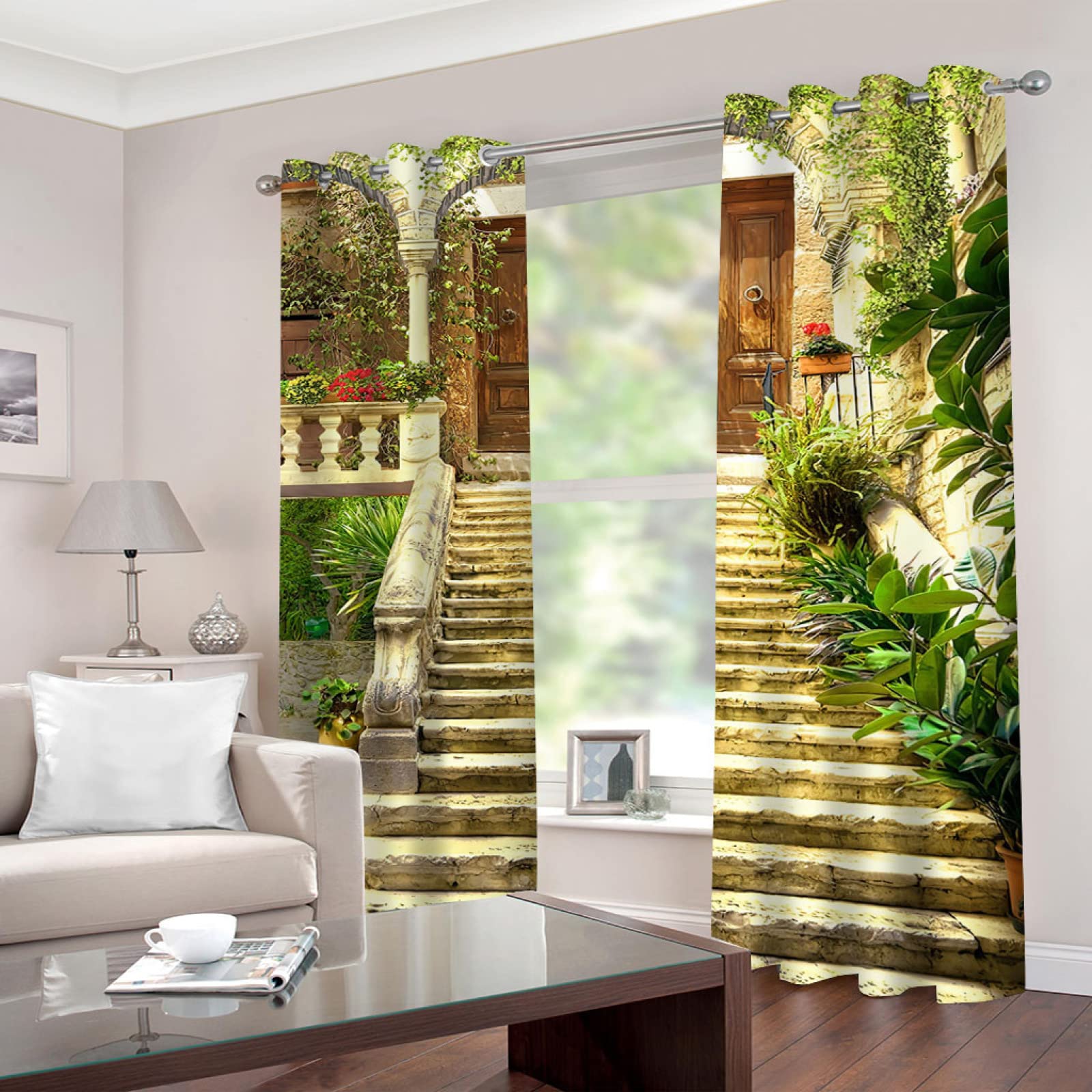 3D Building Stairs Blackout Curtains for Kids Bedroom - 2 Panels (55x96 Inches) Thermal Insulated Eyelet Window Curtains with Printing Pattern - Perfect for Boys & Girls Nursery, Home Decor & Light Blocking