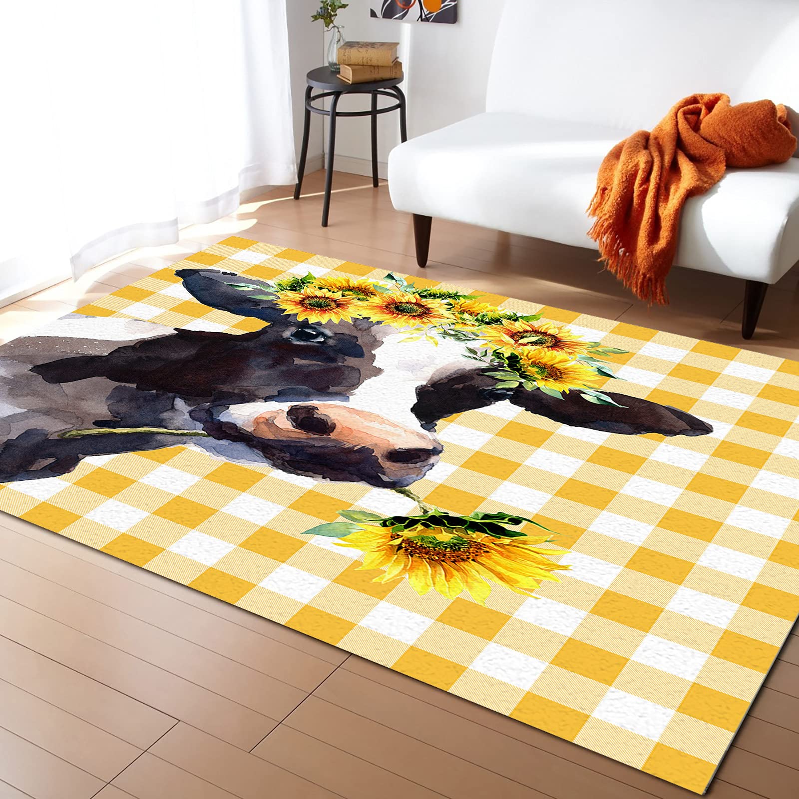 Non-Slip Contemporary Indoor Area Rug - Farmhouse Cow & Sunflower Plaid Design, Yellow & White Washable Rubber-Backed Carpet | Fade-Proof, Comfortable Floor Mat for Living Room, Bedroom, Dorm | Perfect for Farmhouse Decor & Cozy Home Style (5' x 8')