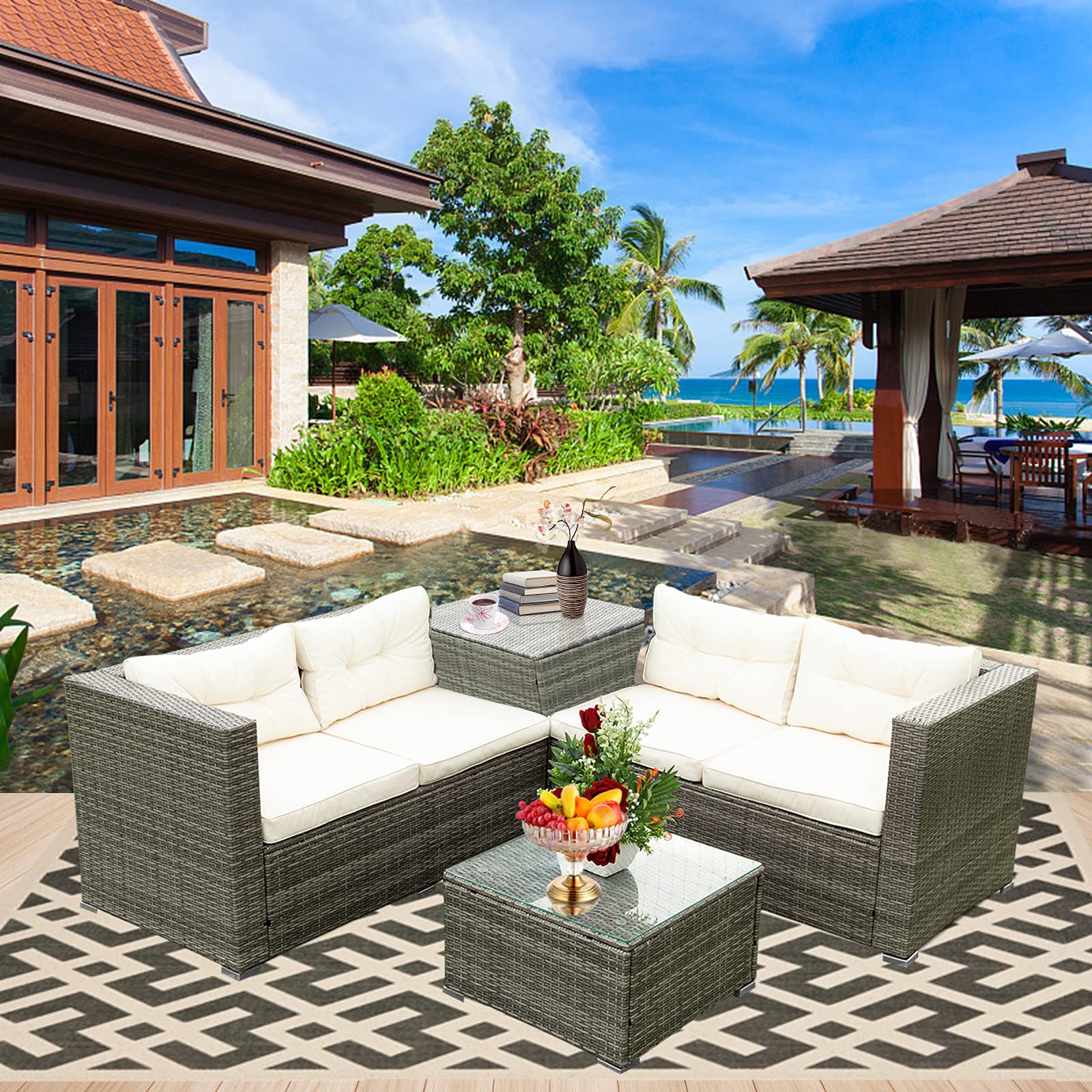 4-Piece Patio Sectional Wicker Rattan Outdoor Furniture Sofa Set with Storage Box (Apricot) - Perfect for Backyard, Garden, Poolside & Patio Relaxation