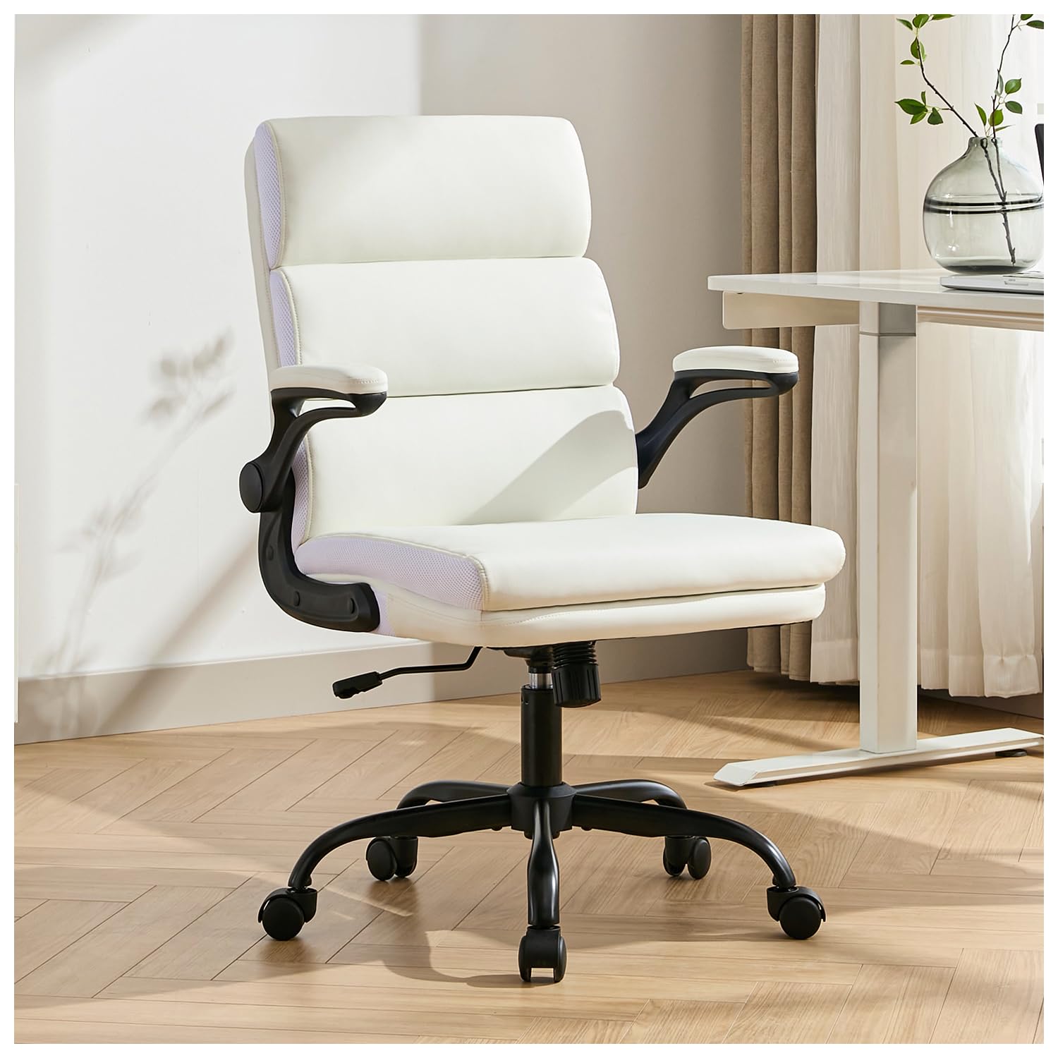Ergonomic Adjustable Office Chair with Mid Back Support - Bonded Leather Executive Desk Chair, Padded Flip-Up Armrests & Swivel Wheels - Comfortable Computer Chair for Home & Office Workspace (White)