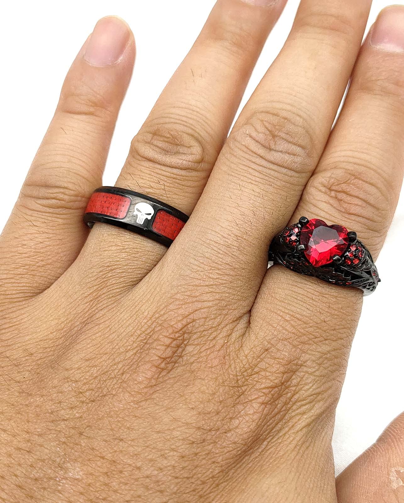 His and Hers Skull Couple Rings - Punk Skeleton Black Titanium Steel Wedding Bands with Heart Red CZ for Men & Women | Gothic Jewelry, Anniversary Gift, Alternative Wedding Ring Set