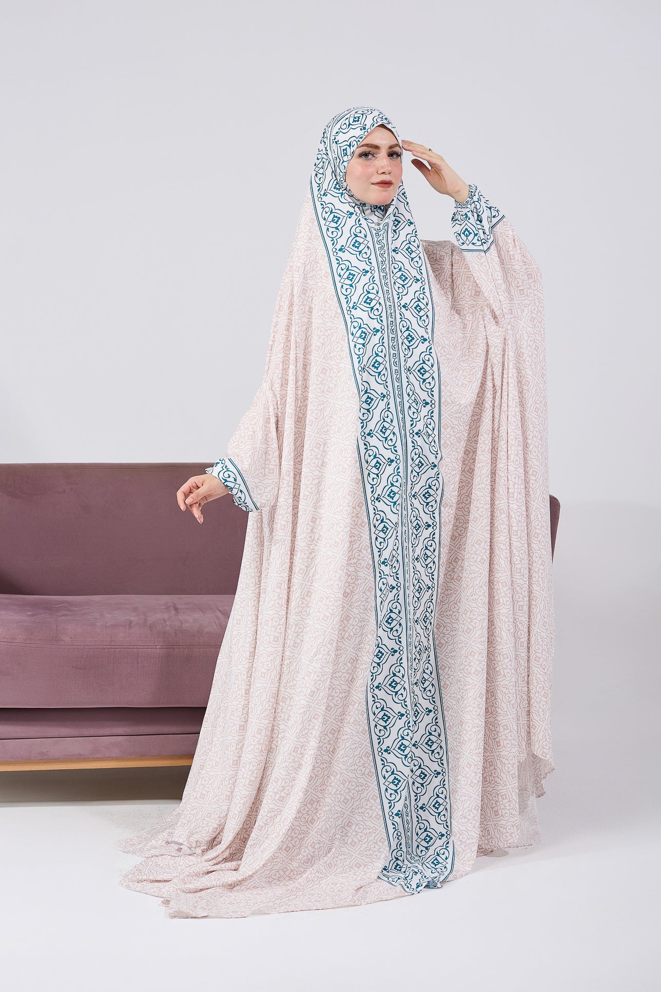 Elegant Nahlah Satin Prayer Gown with Blue Moroccan Print & Elastic Cuffs - Perfect for Muslim Women's Home Worship & Special Occasions