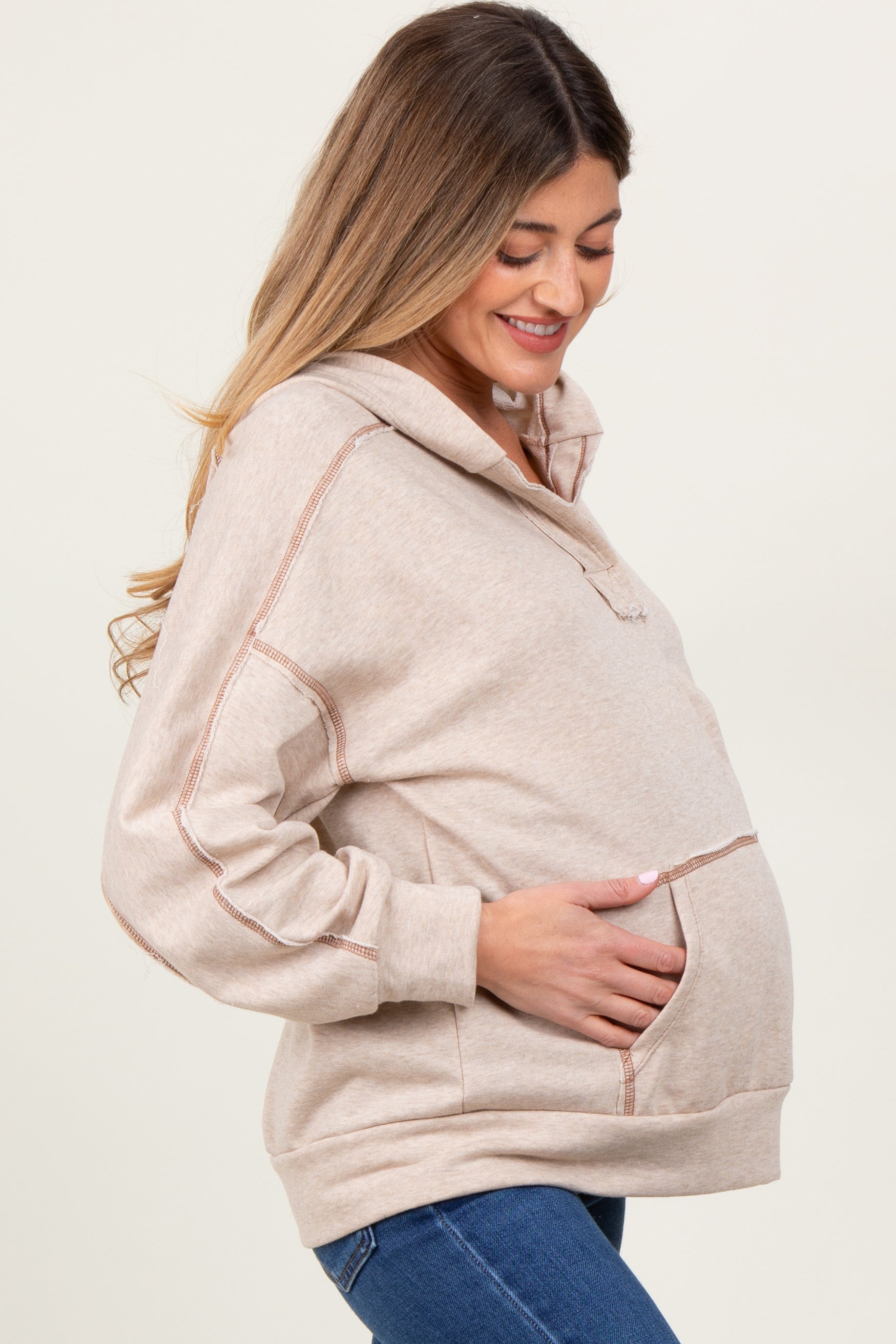 Beige Oversized Raw Hem Maternity Hoodie - Soft & Comfortable Pregnancy Sweatshirt for Women | Perfect for Casual Wear, Maternity Photos & Relaxing at Home