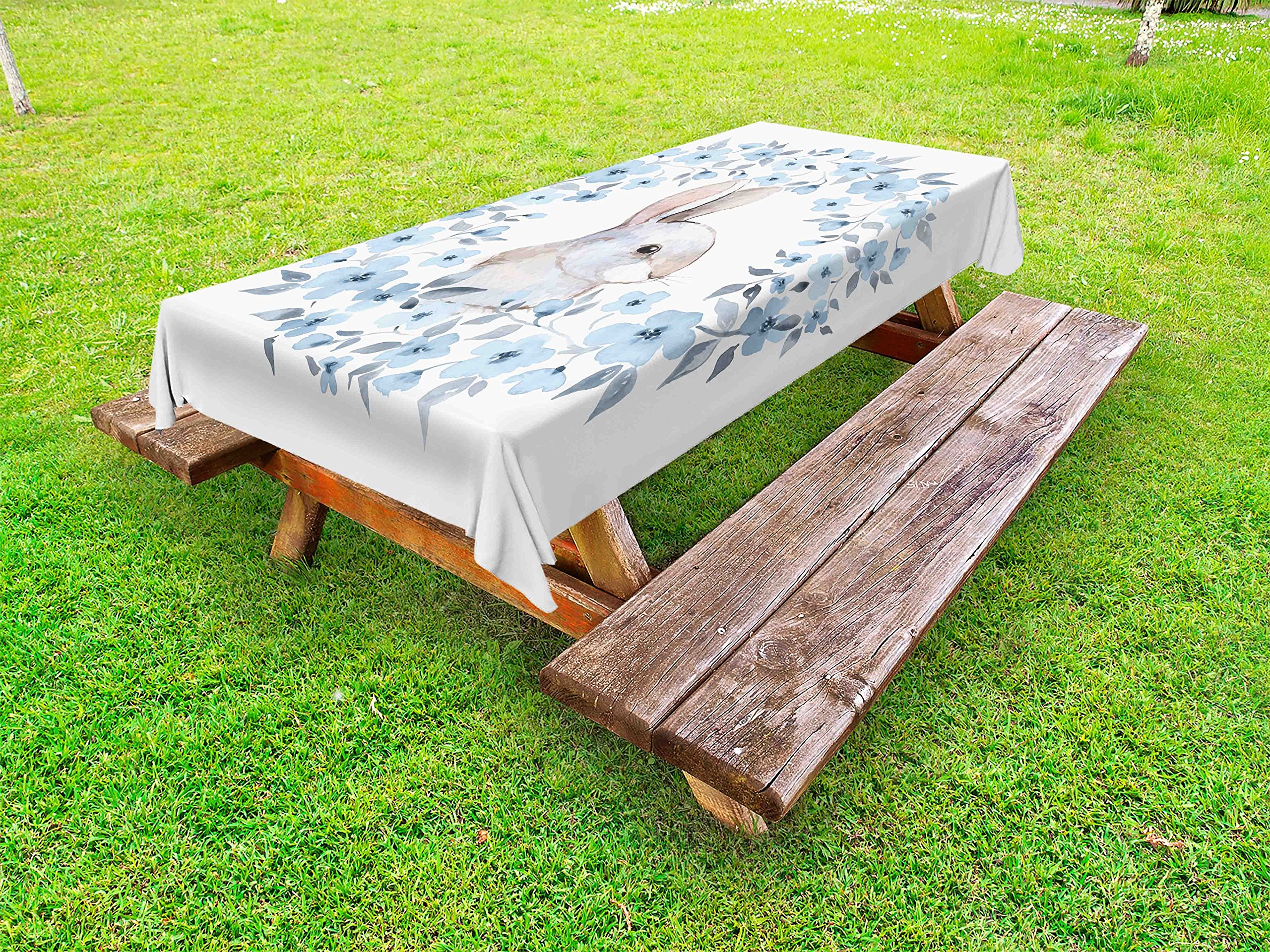 Ambesonne Watercolor Floral Outdoor Tablecloth - Bunny Rabbit Portrait in Floral Wreath Country Style Design, Washable Picnic Table Cover 58x120 Inches, Blue Grey White - Perfect for Garden Parties, Outdoor Dining & Picnics