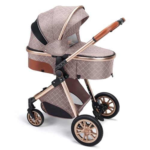 Premium 2-in-1 Luxury Baby Stroller with Removable Bassinet - Foldable Pram Pushchair for Newborn to 36 Months (Brown) | Perfect for City Walks, Shopping & Travel