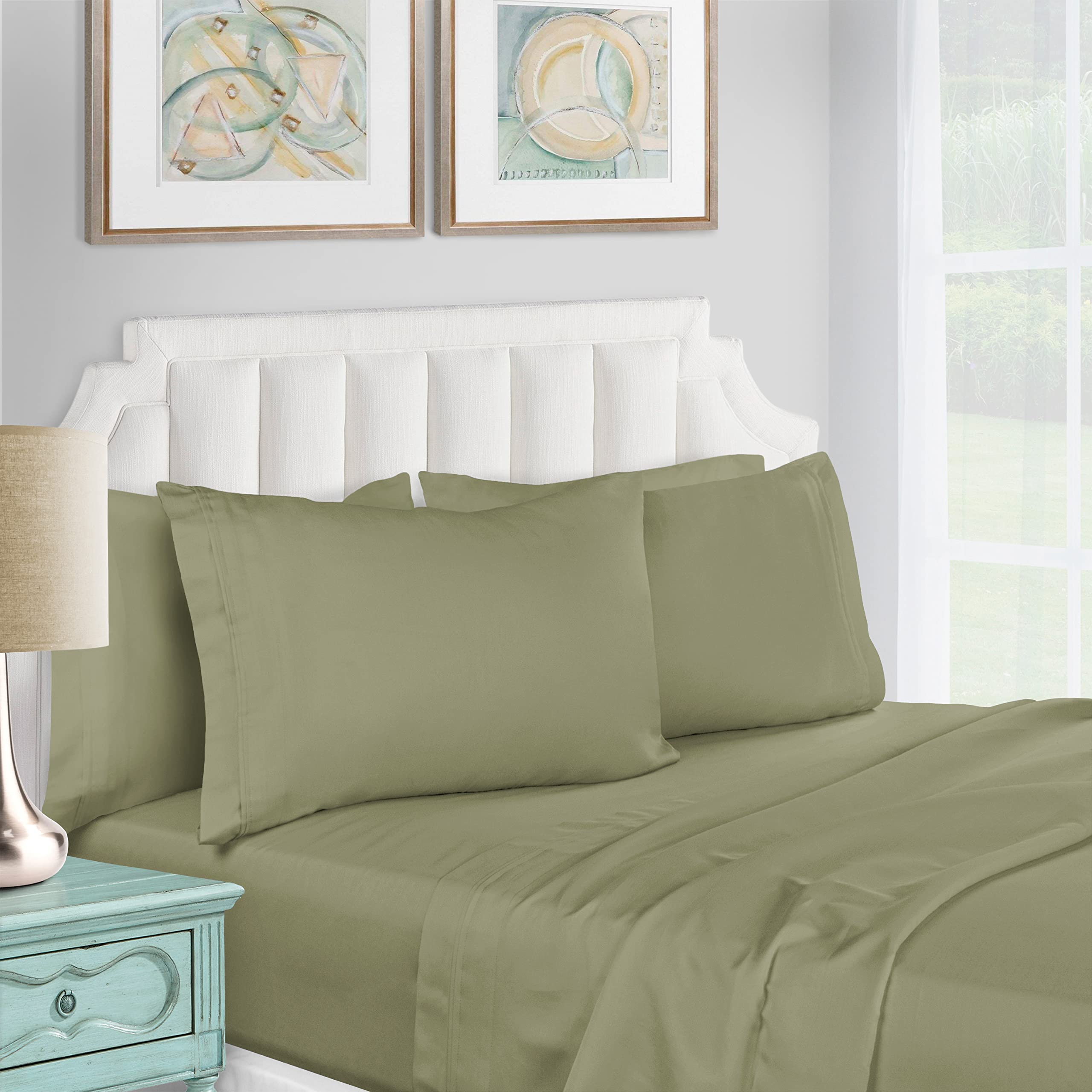 Premium 1200 Thread Count Egyptian Cotton Sheet Set - Full Size Sage Green - 1 Deep Pocket Fitted Sheet, 1 Flat Sheet & 2 Pillowcases - Luxury Bedding with Embroidered Scroll Design - Soft Breathable Sheets for Hotels, Guest Rooms & Master Bedrooms