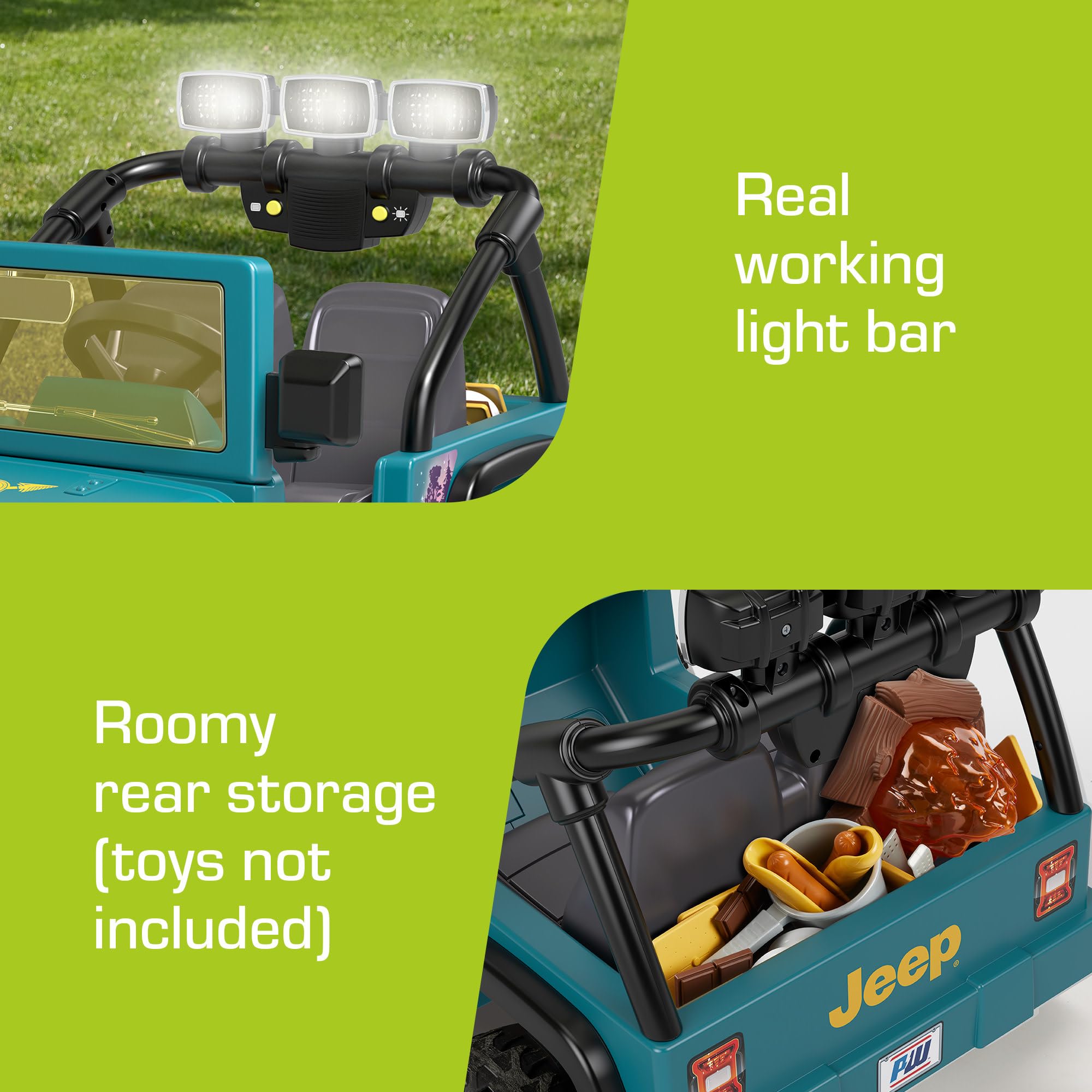 Power Wheels Camping Jeep Wrangler Ride-On Toy for Kids with Pretend Food & Camping Gear - 12V Battery-Powered, LED Lights, 2-Seater, Ages 3-7 Years - Perfect for Outdoor Play, Backyard Adventures & Pretend Camping Fun